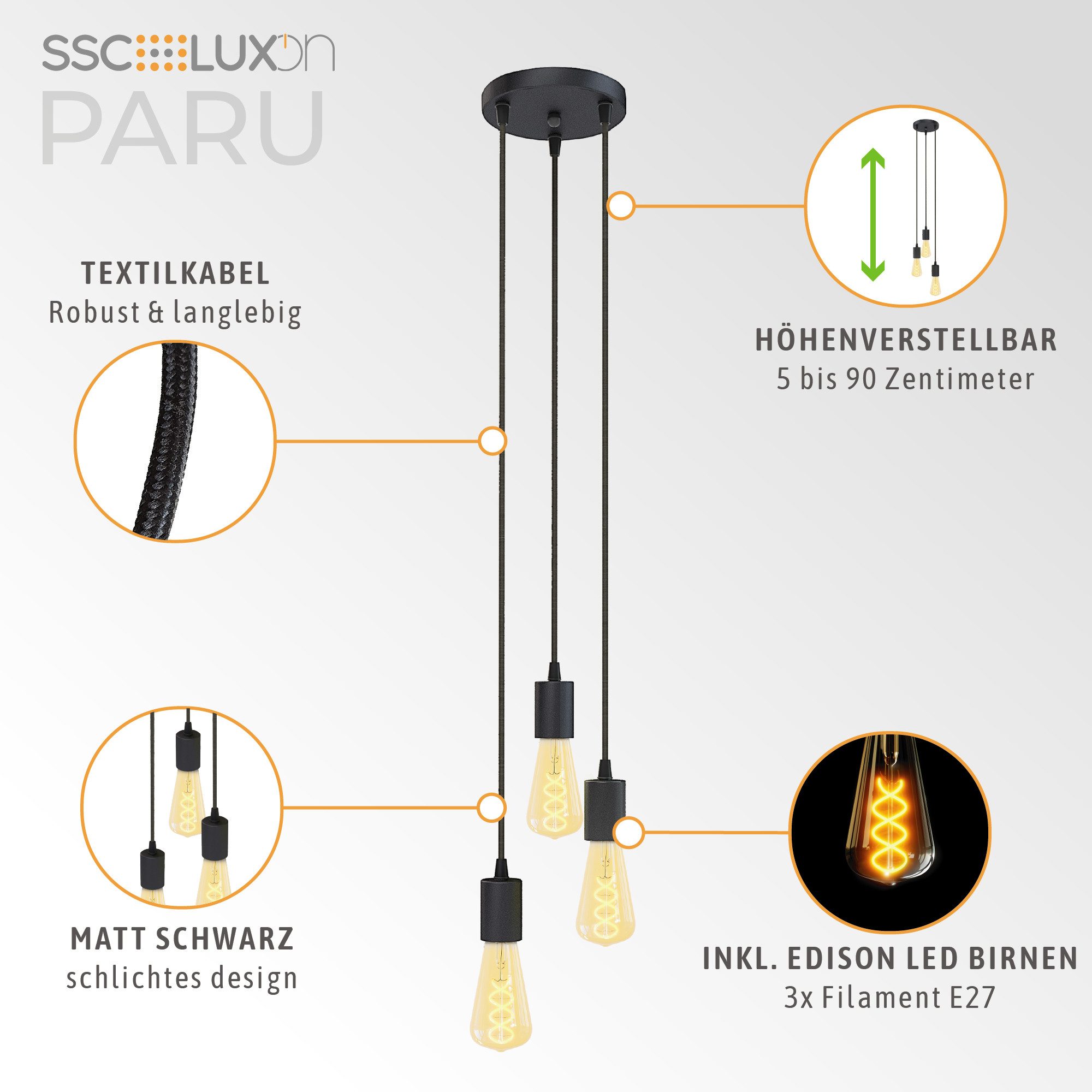 SSC-LUXon LED-Hängeleuchte Hängeleuchte PARU 3er mit E27 Filament LEDs dimmbar 3W Pendellampe, Extra Warmweiß