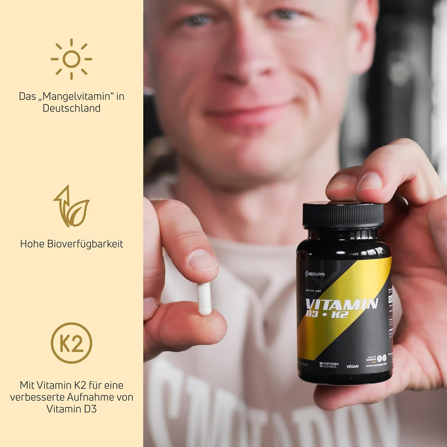 Neosupps Vitamin D3 + K2 hochdosiert, 90 Kapseln, Immunsystem, Knochenaufbau Kapseln, Made in Germany, unterstützt Blutgerinnung & Wundheilung