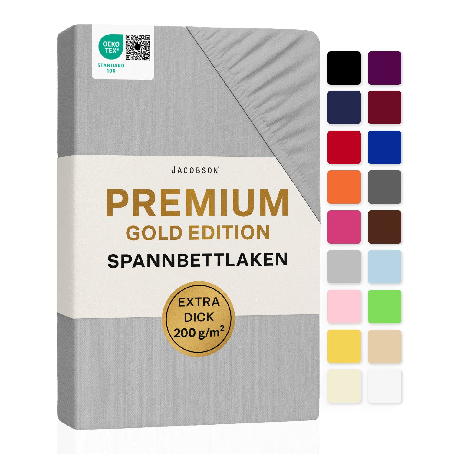Jacobson Spannbettlaken PREMIUM 200 g/m² Jersey aus 97% Baumwolle & 3% Elasthan, Extra dichtes Bettlaken mit maximalem Halt