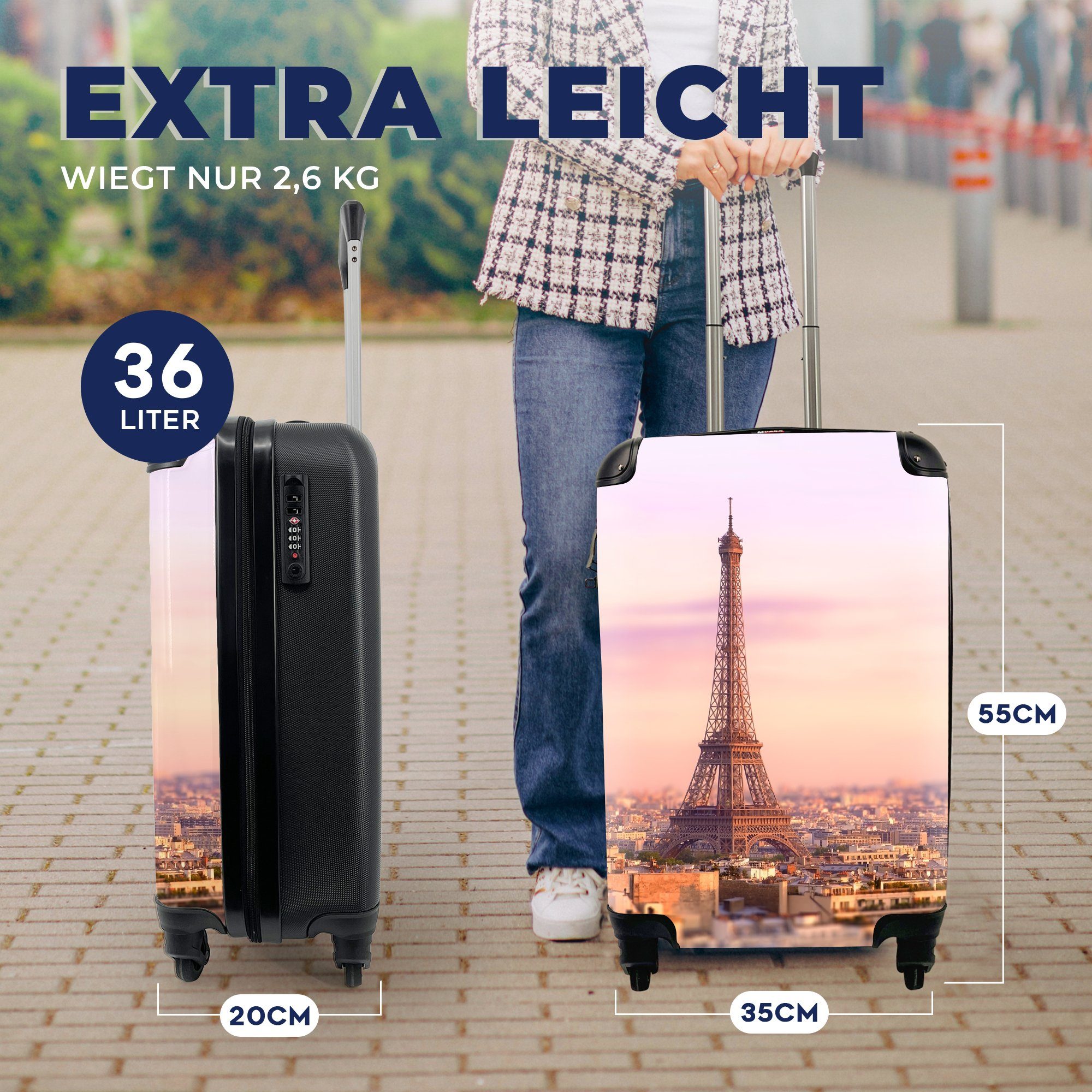 Rollen, MuchoWow Reisekoffer für Eiffelturm Handgepäck rollen, Ferien, mit über Blick Reisetasche mit 4 Trolley, als Paris Höhepunkt, dem Handgepäckkoffer