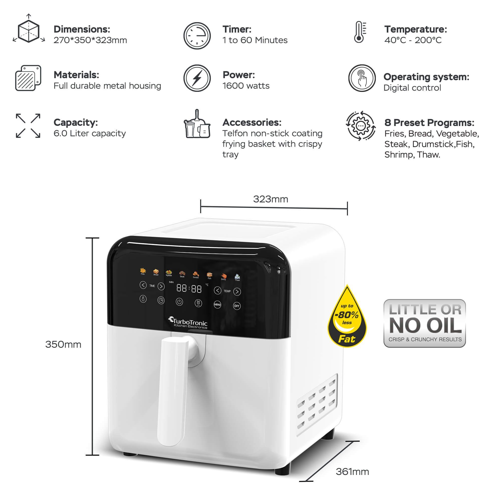 TurboTronic by Z-Line Heißluftfritteuse, 1600 W, 360 Grad Rapid-Air, Auftaufunktion, Knusperrost und Abschaltautomatik
