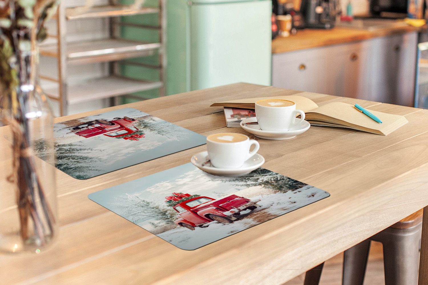 MuchoWow Platzset Auto - Rot - Geschenke - Winter - Schnee - Weihnachten, (6-St), Platzsets, Tischset, Abwaschbar, Tischsets, Platzdeckchen