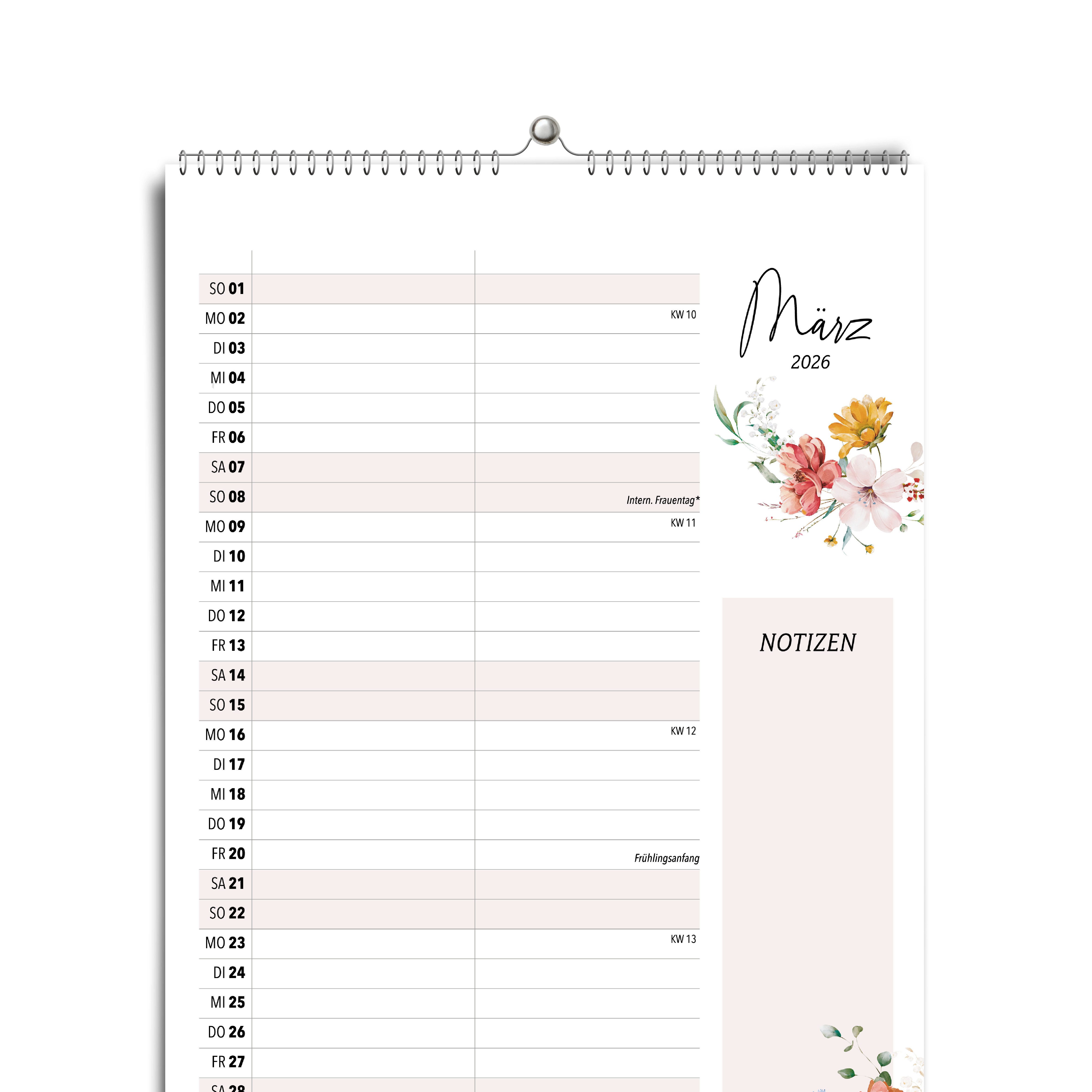 heaven+paper Jahresplaner A4 Wandkalender 2 Spalten WILDFLOWER 2026, hochwertig, Hergestellt in Deutschland