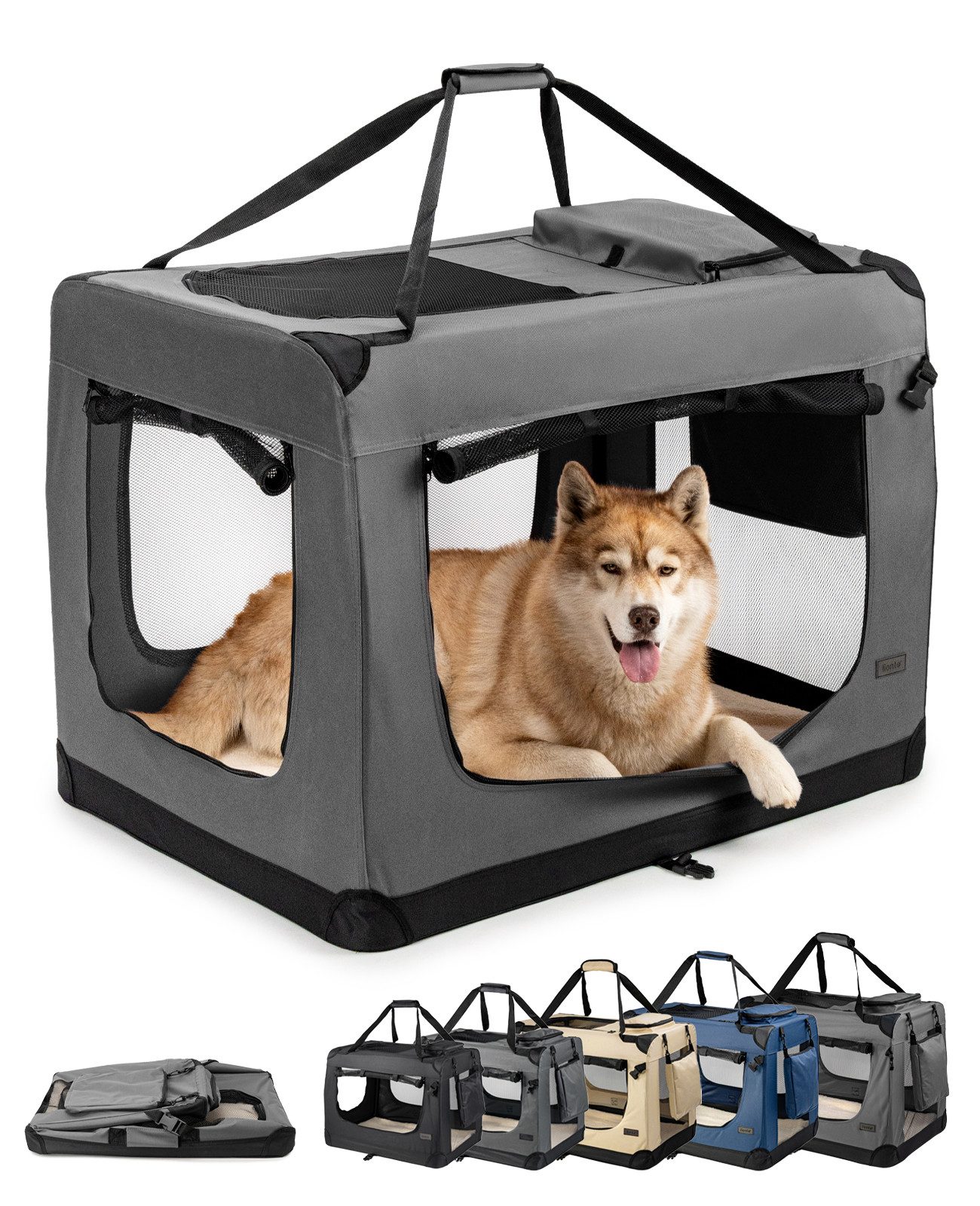 lionto Tiertransportbox stabil aus Textil, für Hunde und Katzen bis 25 kg, 101x69x70 cm, grau