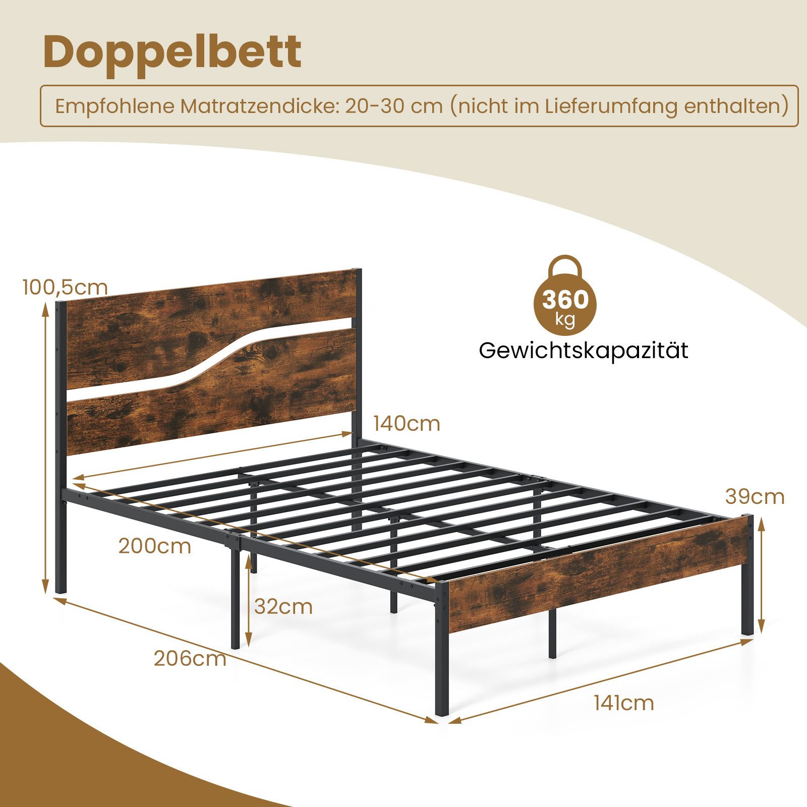 COSTWAY Metallbett (1-tlg), Bettgestell, Plattformbett, mit für Lattenrost, 140x200cm Matratze