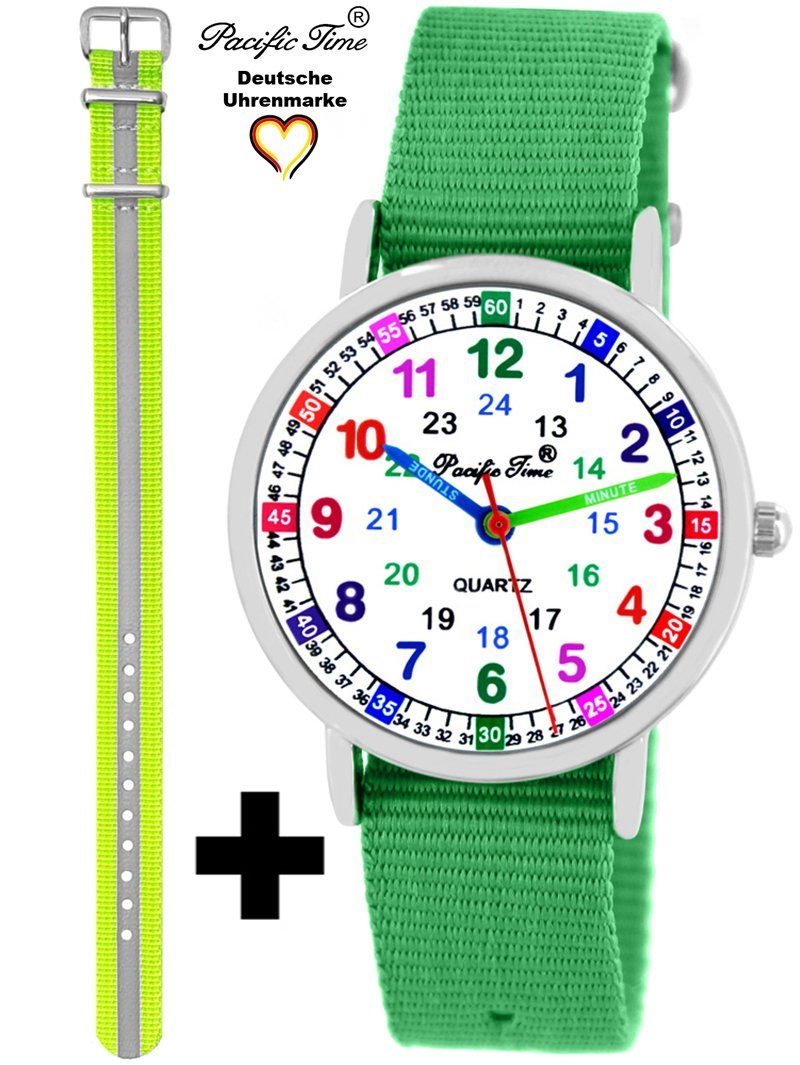 Pacific Time Quarzuhr Set Kinder Armbanduhr Lernuhr Wechselarmband, Mix und Match Design - Gratis Versand grün und Reflektor gelb