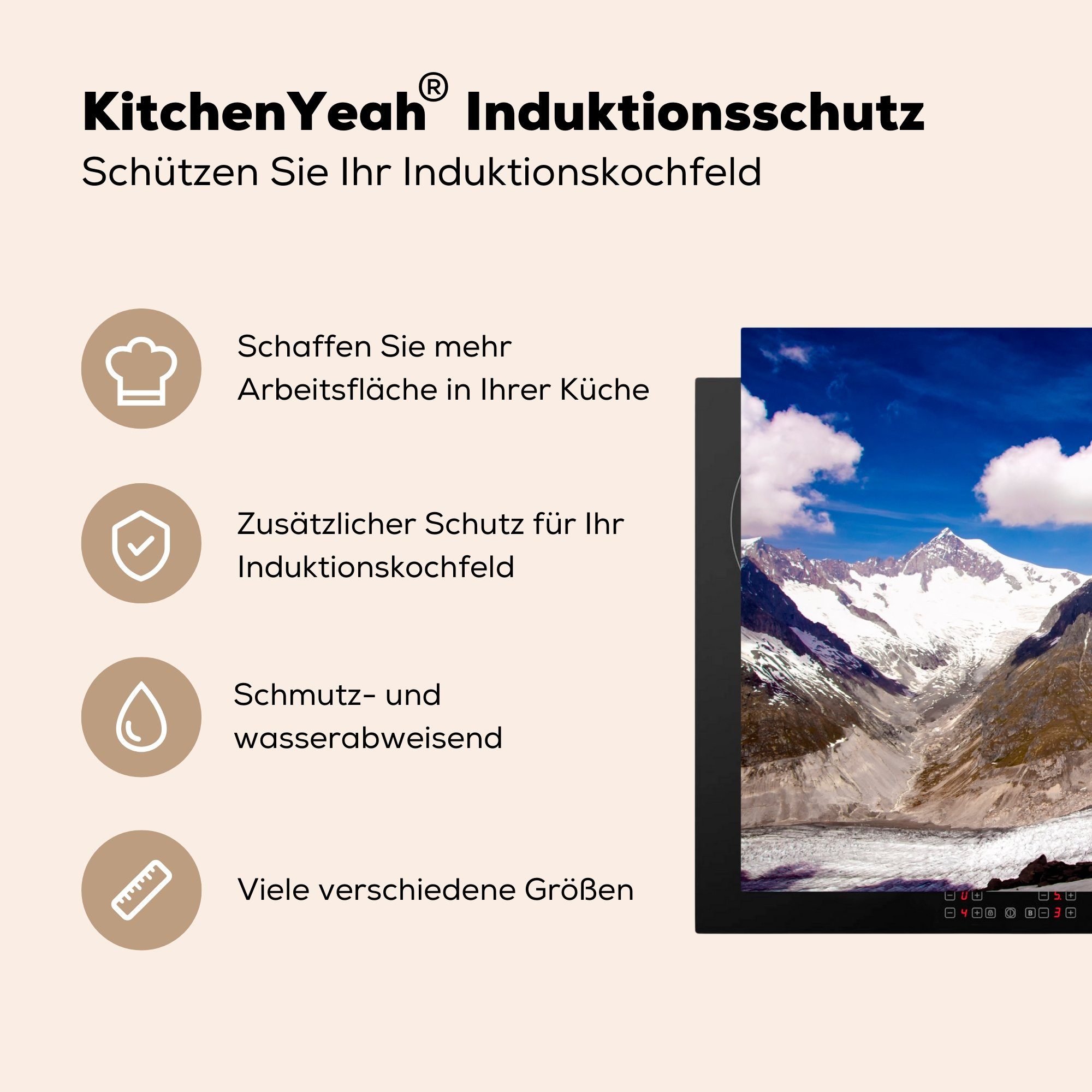 (1 81x52 Induktionskochfeld im, sich cm, Aletschgletscher tlg), küche, Ceranfeldabdeckung Schutz Der MuchoWow die Wolken für schneebedeckte Herdblende-/Abdeckplatte mit bildenden Vinyl,