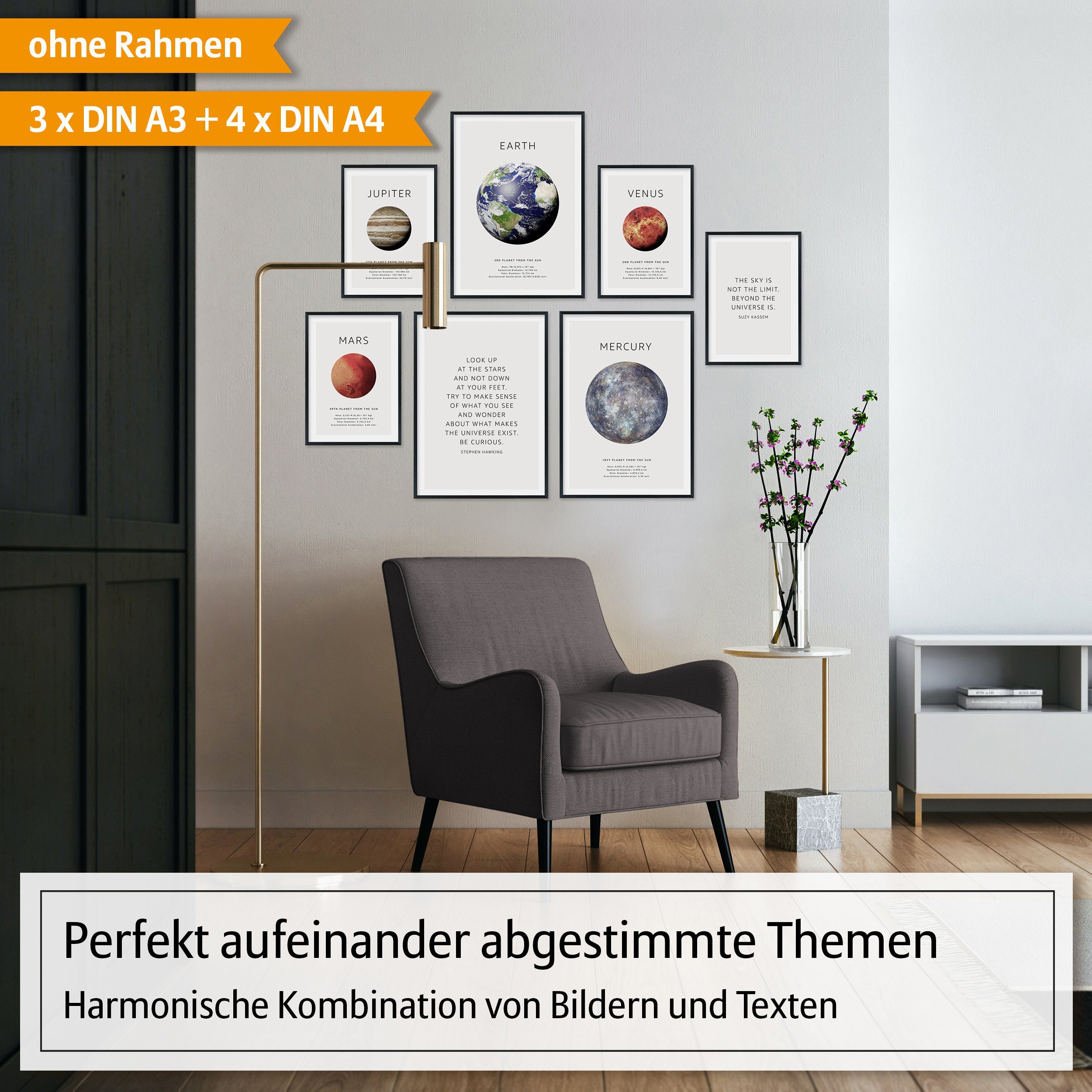 Hyggelig Home Poster Planeten, Premium Poster Set OHNE & MIT Rahmen, 7 Wandbilder Erde Mars, Weltraum (Set, 7 St), Collage Sky Qualitätsdruck dickes Papier knickfrei