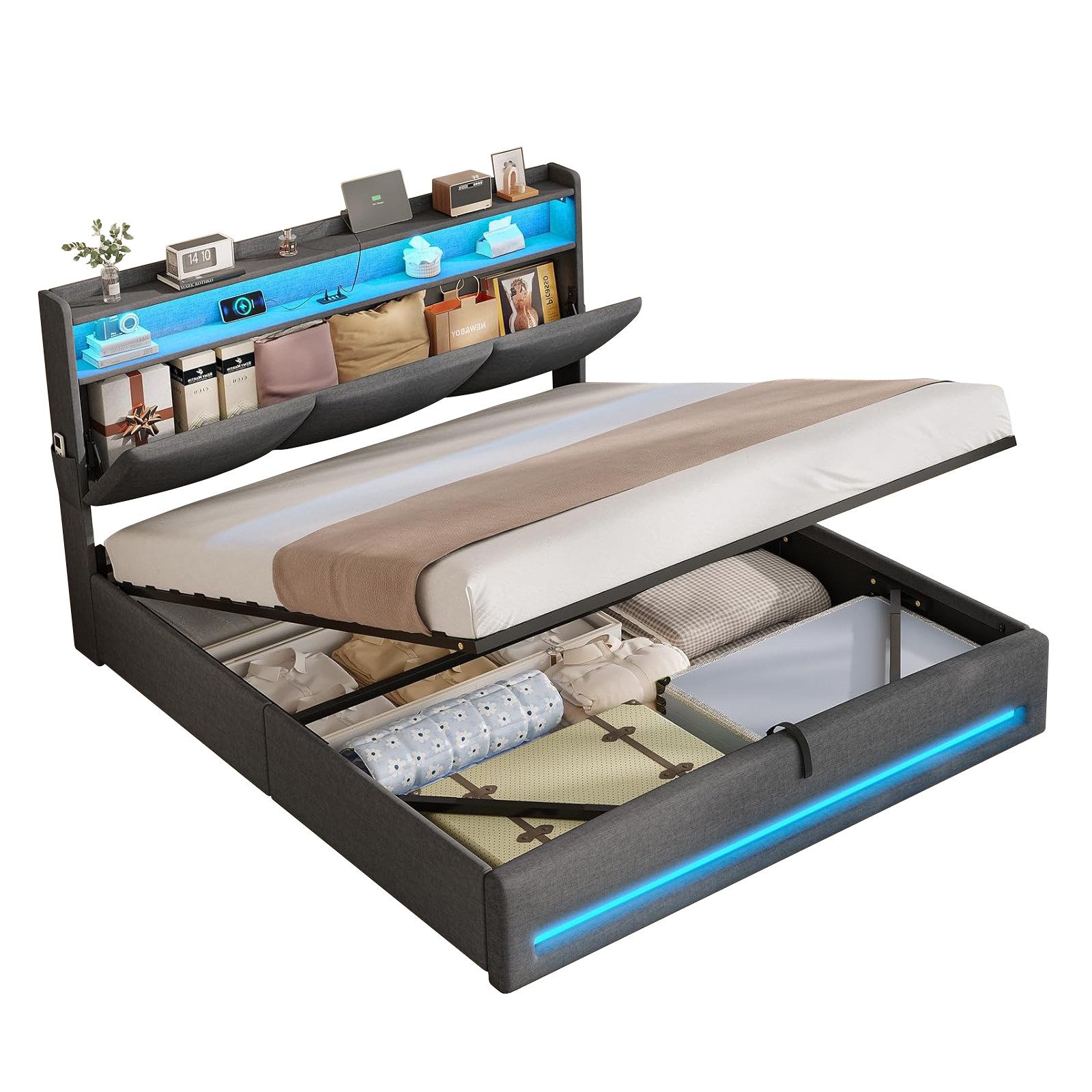 MSMASK Polsterbett mit Steckdosen und LED-Beleuchtung, Doppelbett mit Stauraum Kopfteil (1-tlg., Ohne Matratze), Hydraulik-Stauraumbett, Jugendbett 140x200cm
