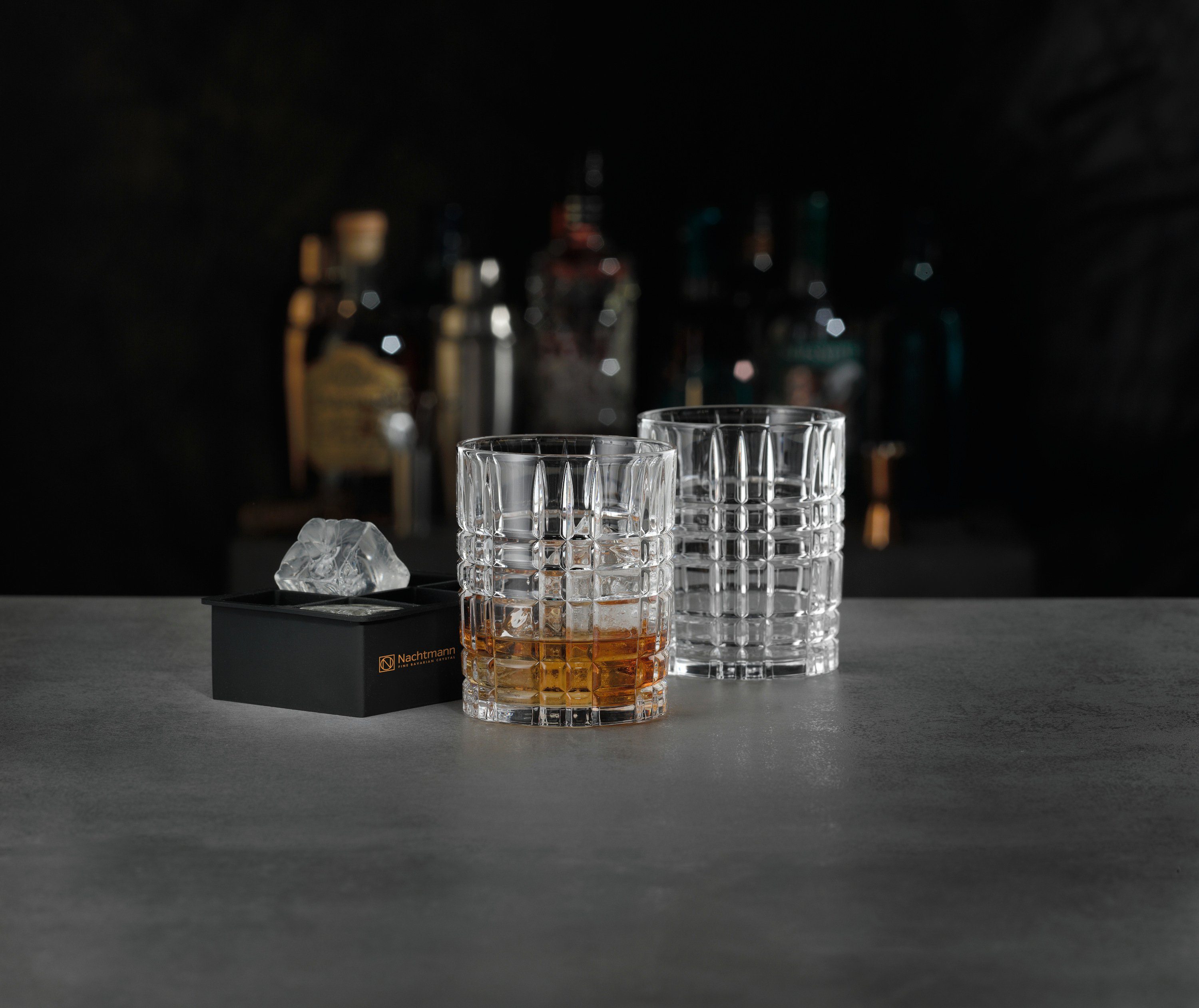 Nachtmann Longdrinkglas Nachtmann Square Whisky Ice Cube Set 2 Whiskygläser + 1 Eiswürfelform, Silikon, Kristallglas