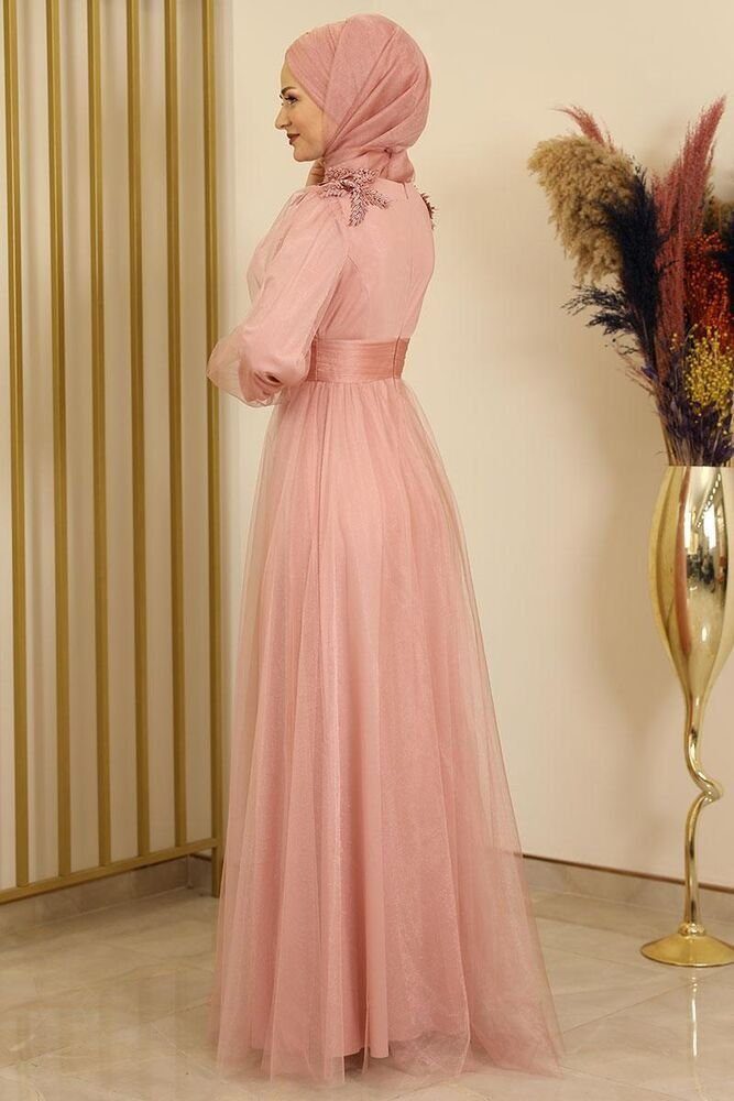 fashionshowcase Tüllkleid Abendkleid mit Blumen Guipure-Details Abiye Abaya - Modest Fashion Maxilänge für besondere Anlässe