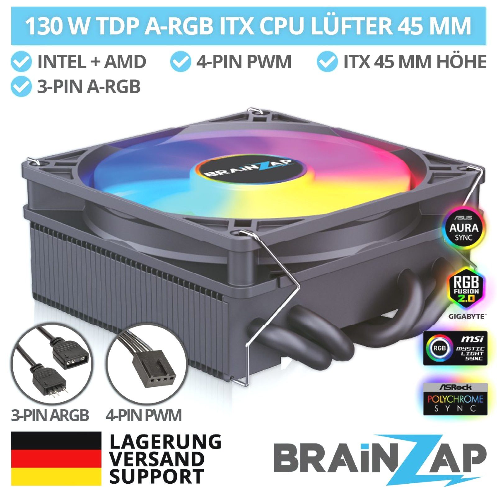 BRAINZAP CPU Kühler 45mm A-RGB CPU-Kühler 130W TDP, Luftkühlung, RGB-Beleuchtung, 130W TDP, 45mm Lüfter, PWM, Aluminium