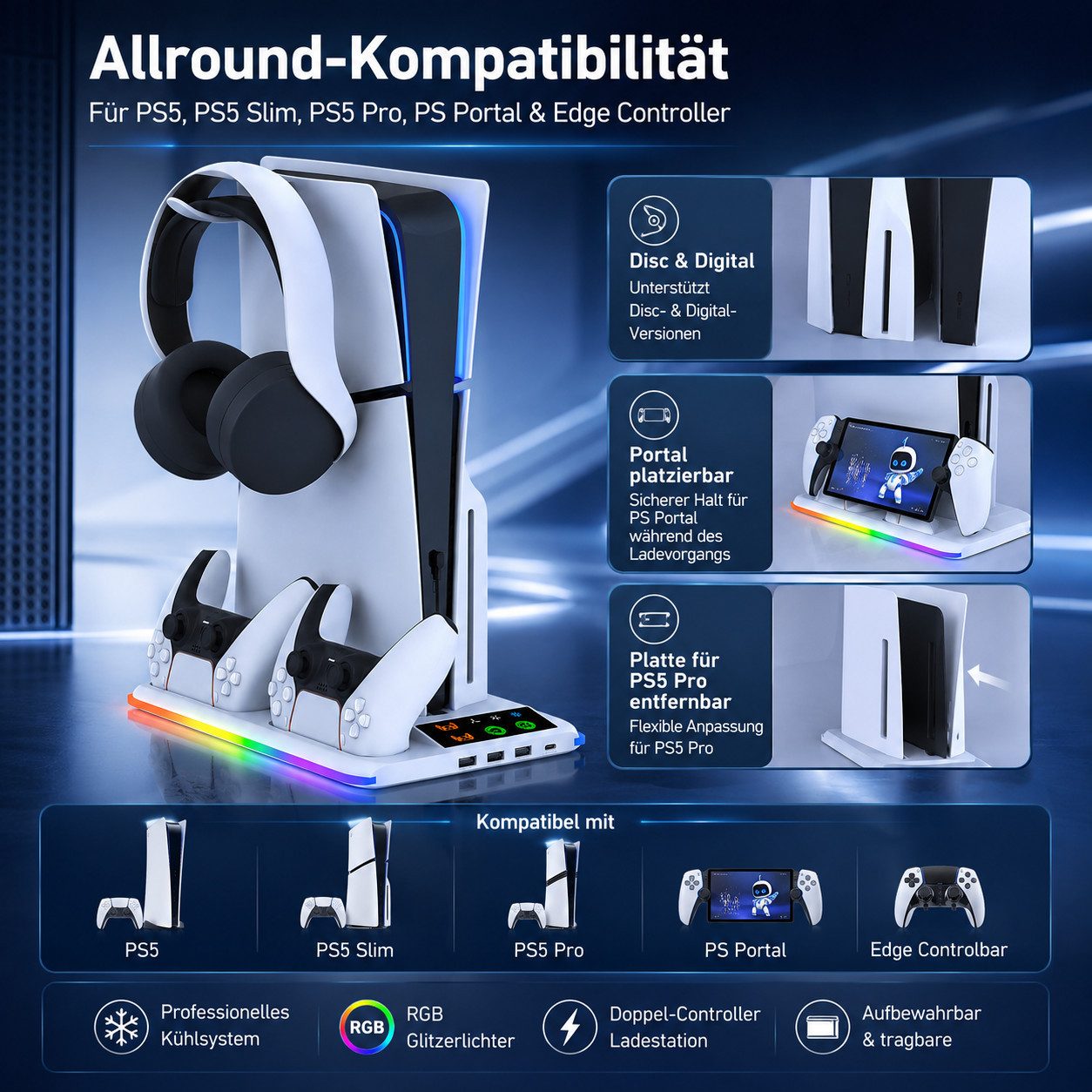 Fyrove PS Portal Ladehalter Ladegerät mit Headset Fernbedienung Halterung Nintendo-Controller (Spar-Set, 1 St., PS5 Controller-Ladestation mit 3 USB-Hubs & RGB-Beleuchtung)