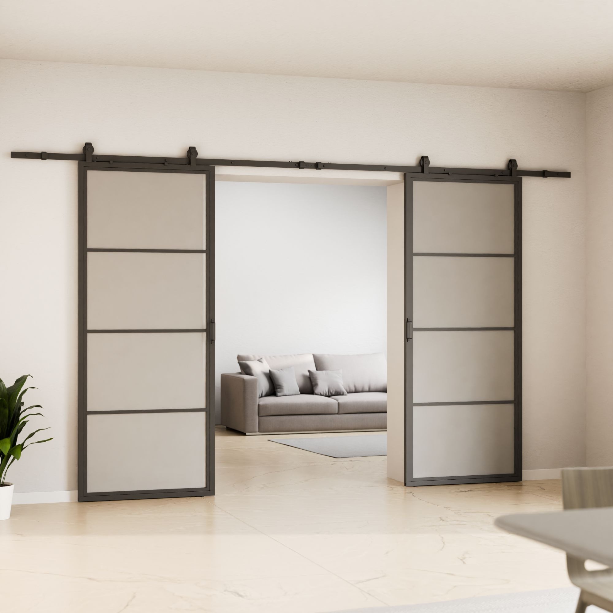 inova wohnen Doppelschiebetür Stahltür schwarz Milchglas, Komplett Set Laufschiene Softclose Loftstyle