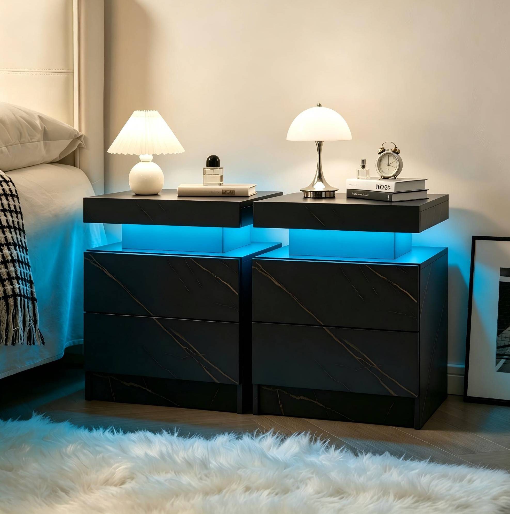 REDOM Nachttisch Modern (mit 2 Schubladen, Beleuchtung, Sideboard für Schlafzimmer, 2-St., 49 cm (L) x 35 cm (B) x 52 cm (H)