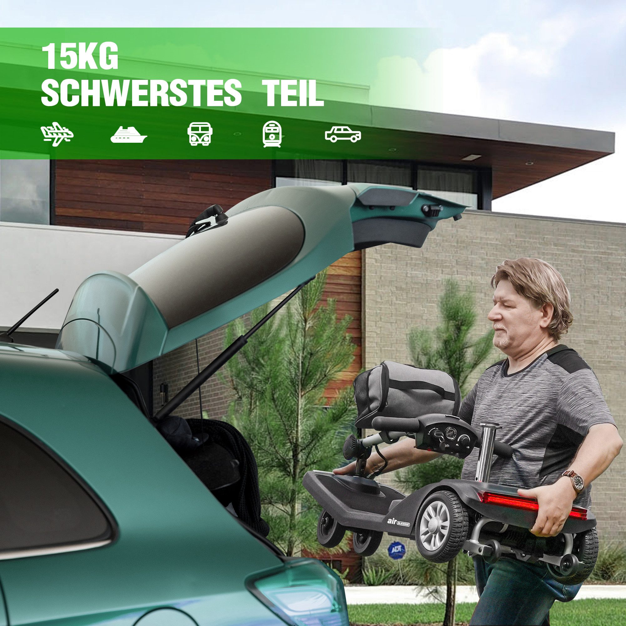 LVHOM Electric Mobility Scooter, Portable Aluminum (Lightweight yet Sturdy) - Senior Mobility Scooter, 4-Wheel, Foldable (can be taken in car trunks and on airplanes). Ergonomic seat (height-adjustable, 360° swivel) with armrests and front basket, front/rear LED lights with brake light and electromagnetic brake, high-quality collapsible aluminum alloy frame, [12Ah, 250W, 945mm]. 120 kg load capacity. 25 km/h. 20 km range. Airplane-compatible folding design (115 x 53.5 x 37 cm when packed), mobility freedom for generations, total weight: 29 kg