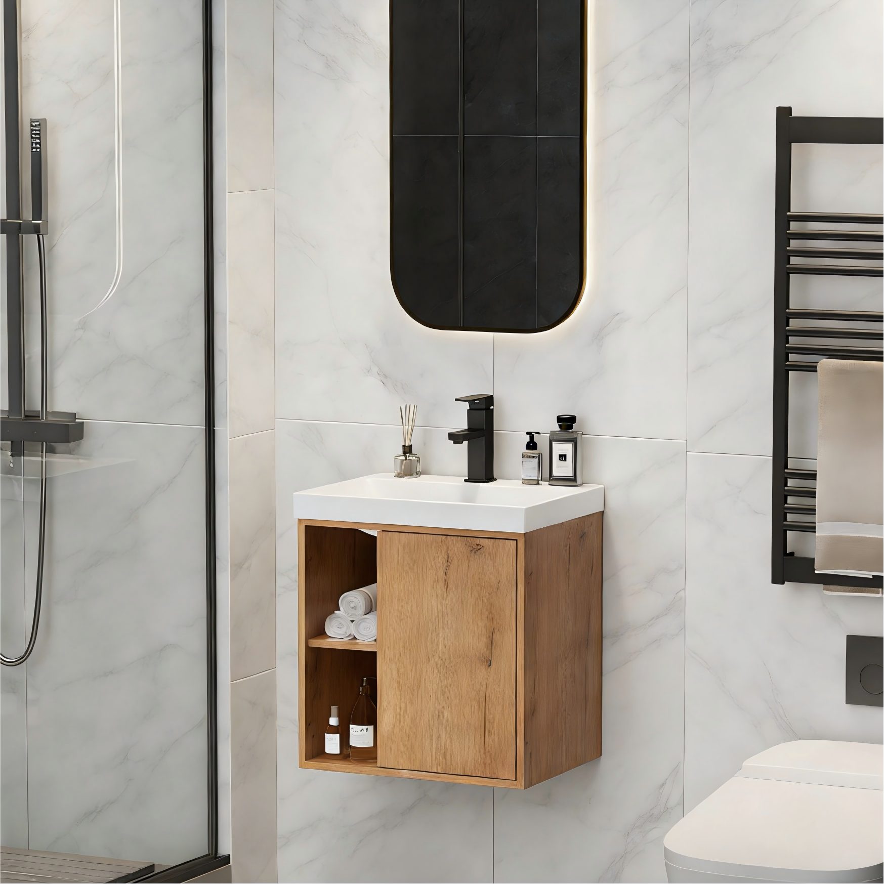 UEV Waschtisch klein Waschbecken mit Unterschrank set Badmöbel Gäste-WC hängend 50cm (Waschplatz ausreichend Stauraum,Badmöbel Set für Badezimmer, Unterschrank mit Harzbecken Wasserhahn Pop-up-Ablassventil), Waschtischunterschrank hängend Breit 50cm