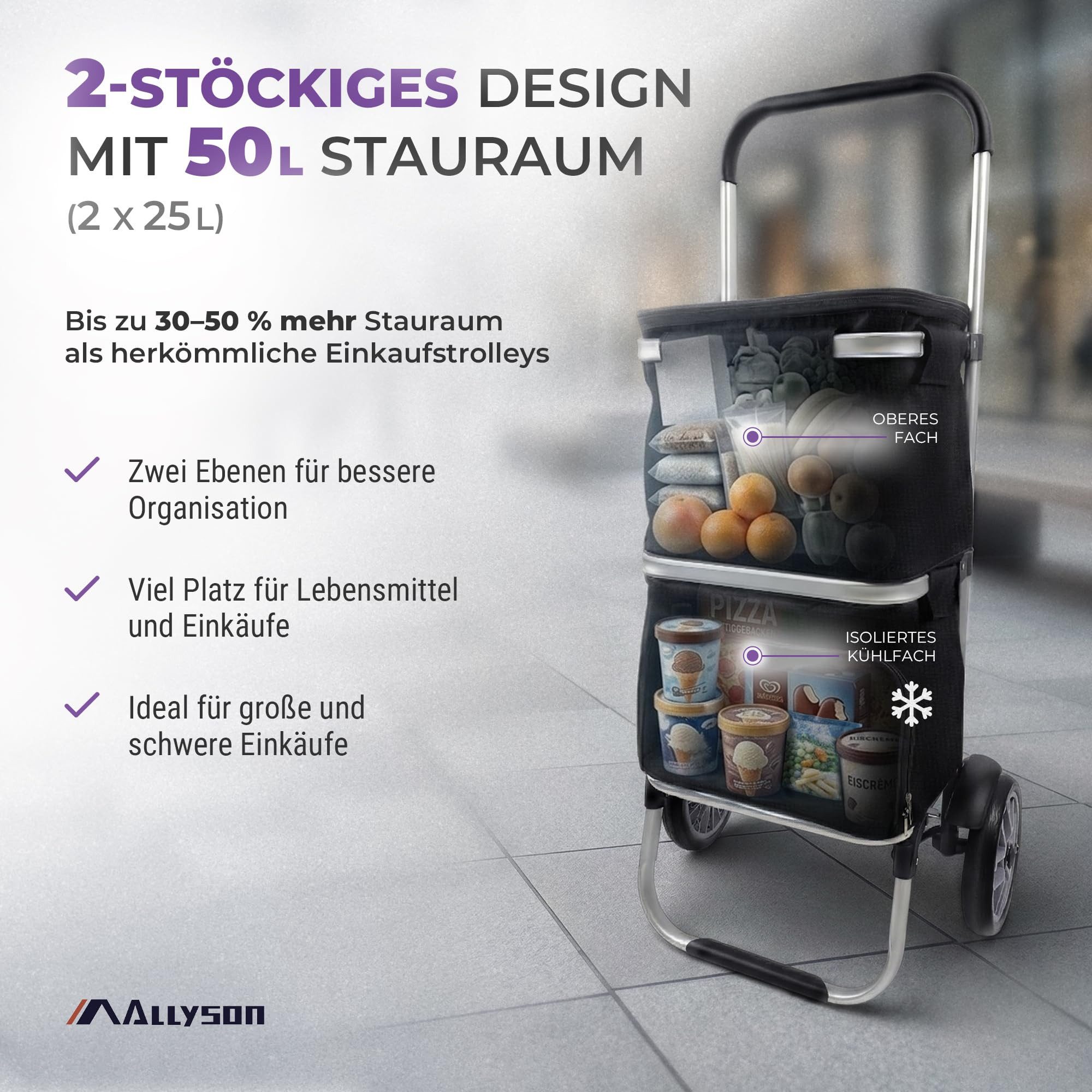 Allyson Einkaufstrolley Einkaufswagen klappbar, Einkauftrolley mit Leisen Rädern & Kühlfach, 900D Oxford & Doppel-Tasche klappbar & Leise Rollen