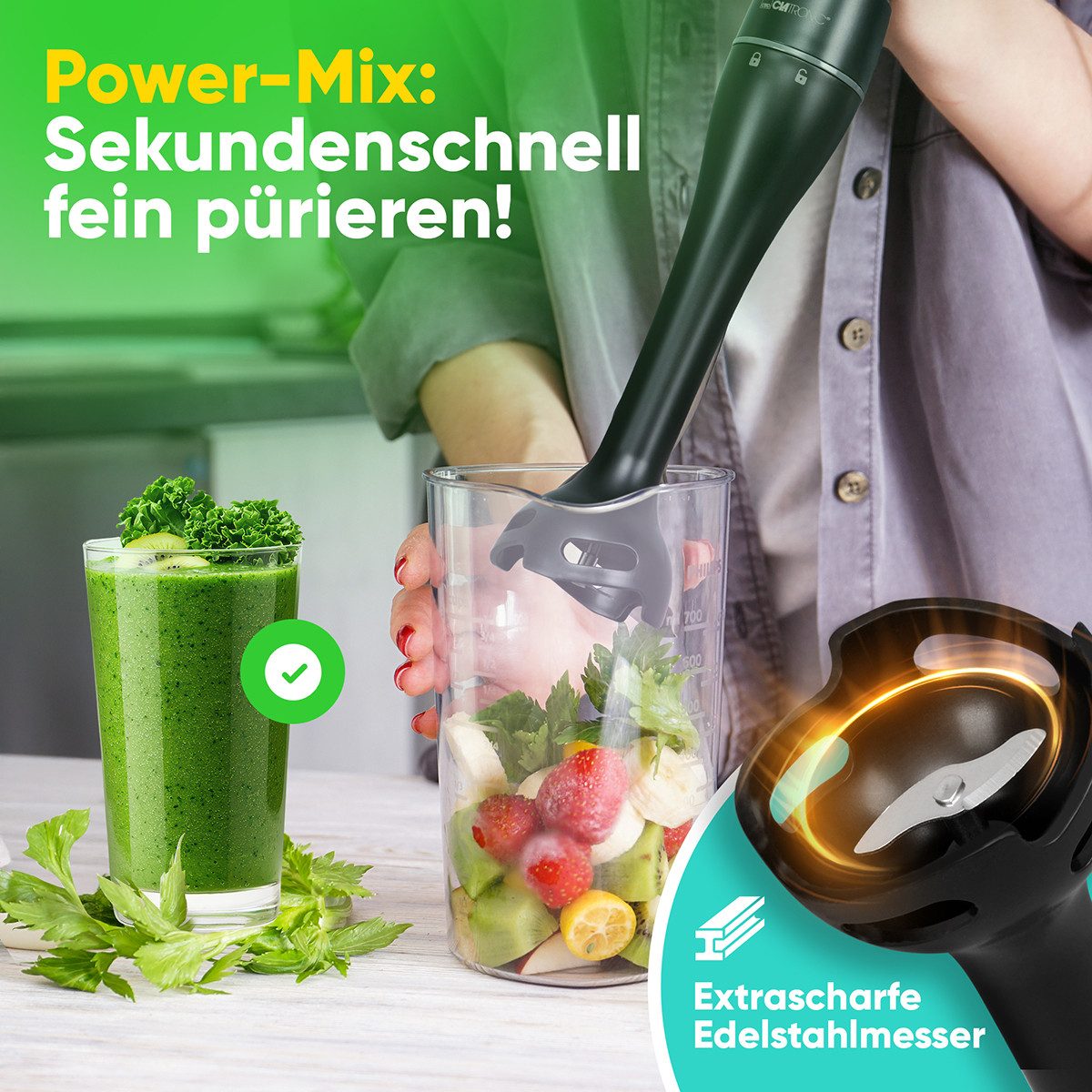 CLATRONIC Stabmixer SM 3824, Stabmixer für Smoothies und Shakes, Turbo-Mode