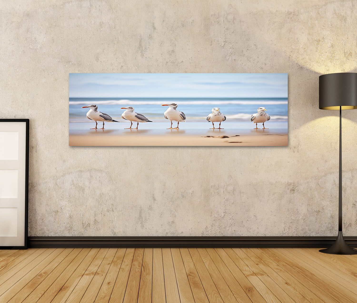 islandburner Leinwandbild Reihe Stehender Möwen Mit Blick Auf Den Ozean Bri günstig online kaufen