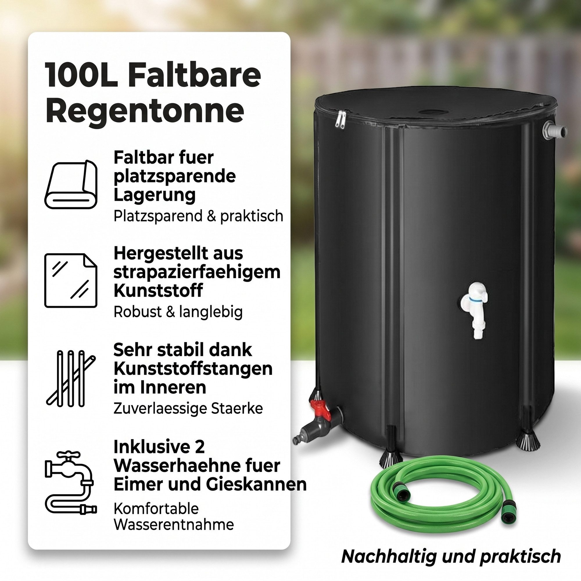 Mucola Regentonne Regenwassertonne faltbar Regenfass Wassertank Regenwassertank mit Hahn, 100 l, (Stück, Stück), inkl. 2 Meter Wasserschlauch mit Anschluss