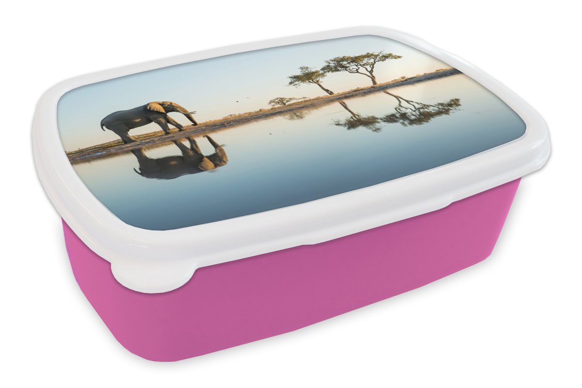 MuchoWow Lunchbox Elefant - Wasser - Bäume - Tiere - Natur, Kunststoff, (2-tlg), Brotbox für Erwachsene, Brotdose Kinder, Snackbox, Mädchen, Kunststoff rosa