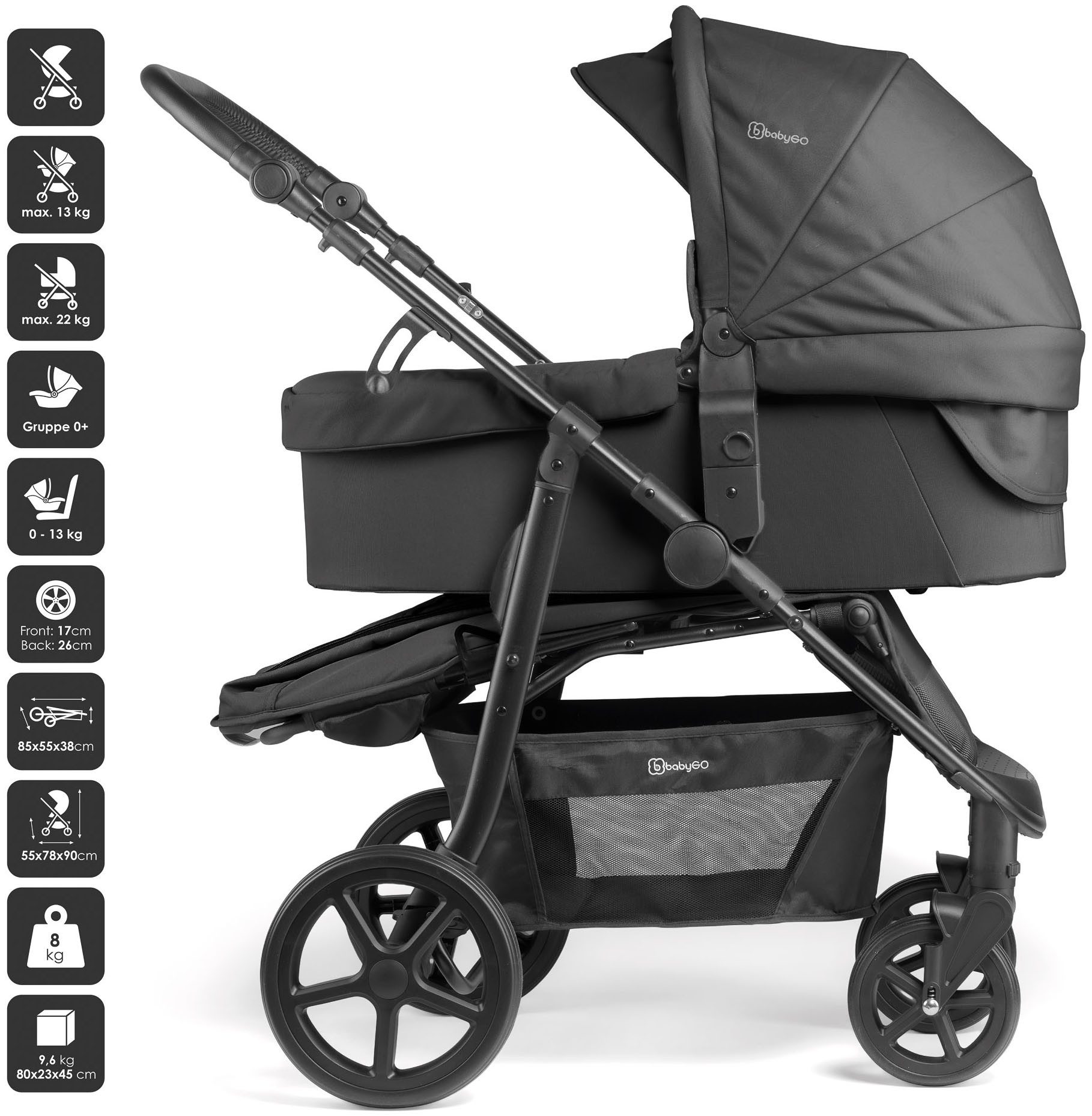BabyGo Kombi-Kinderwagen Evolution, (Set, 5-tlg), mit Babywanne, Babyschale, Wickeltasche und Sportsitz