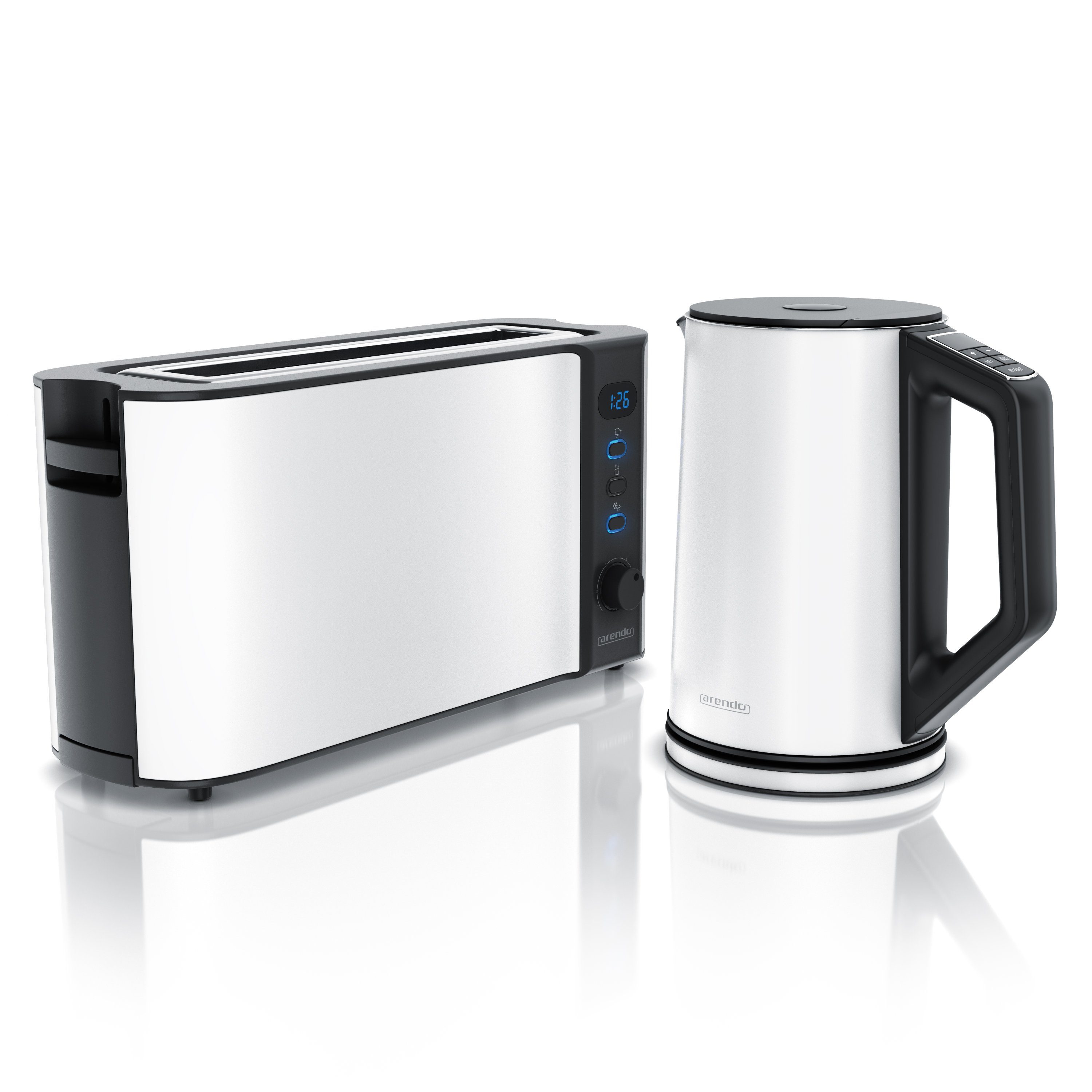 Arendo Frühstücks-Set Wasserkocher 1,5l & 2-Scheiben Langschlitz Toaster, Edelstahl, Weiß (2-tlg), Wasserkocher mit Temperaturwahl, Toaster mit Brötchenaufsatz