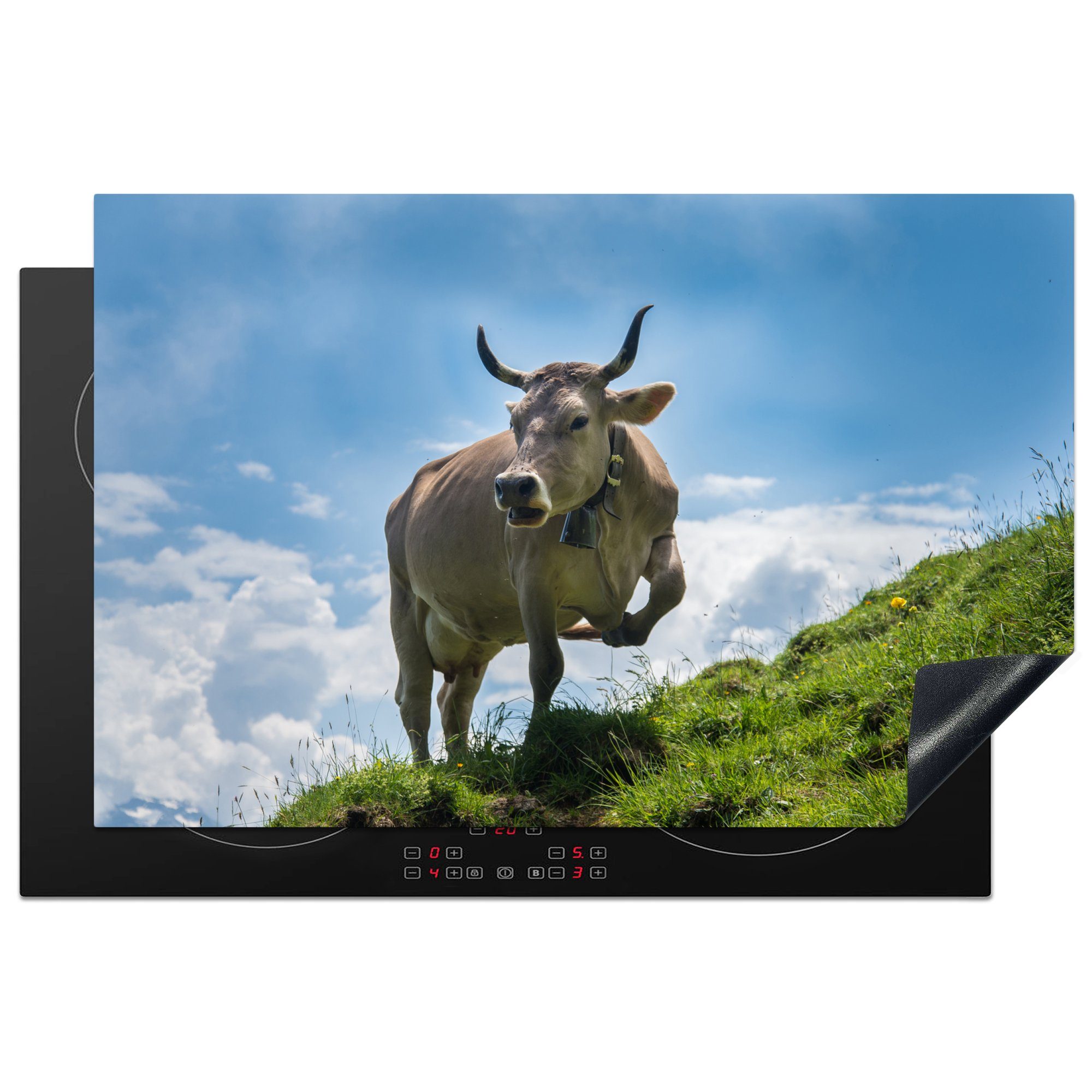 MuchoWow Herdblende-/Abdeckplatte Kuh - Gras - Alpen, Vinyl, (1 tlg), 81x52 cm, Induktionskochfeld Schutz für die küche, Ceranfeldabdeckung