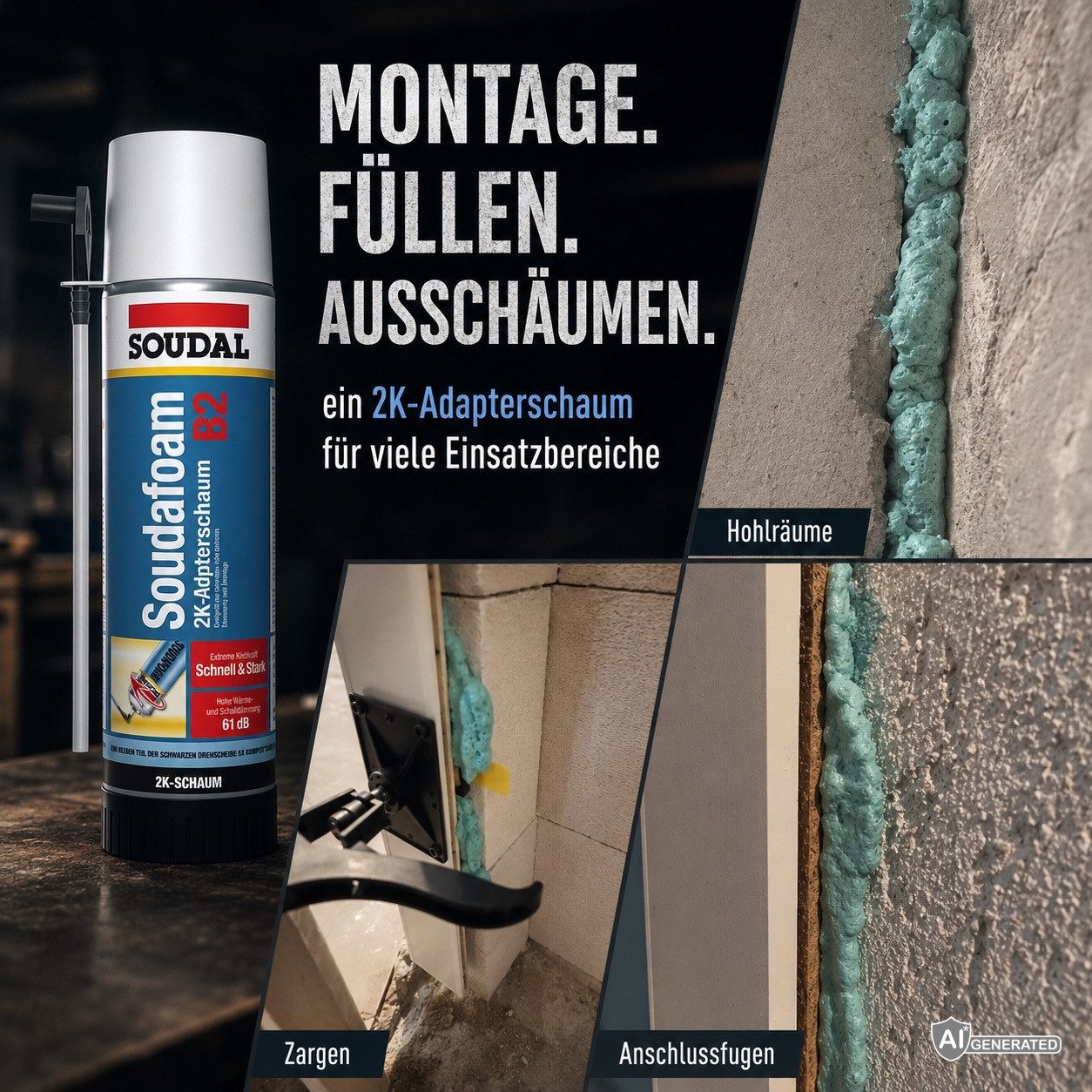 SOUDAL Montagekleber Soudafoam 2K B2 Adapterschaum, (1-tlg), 2K PU-Montageschaum – Schnelle Aushärtung – Ideal für Türen & Fenster – Bild 5 von 5