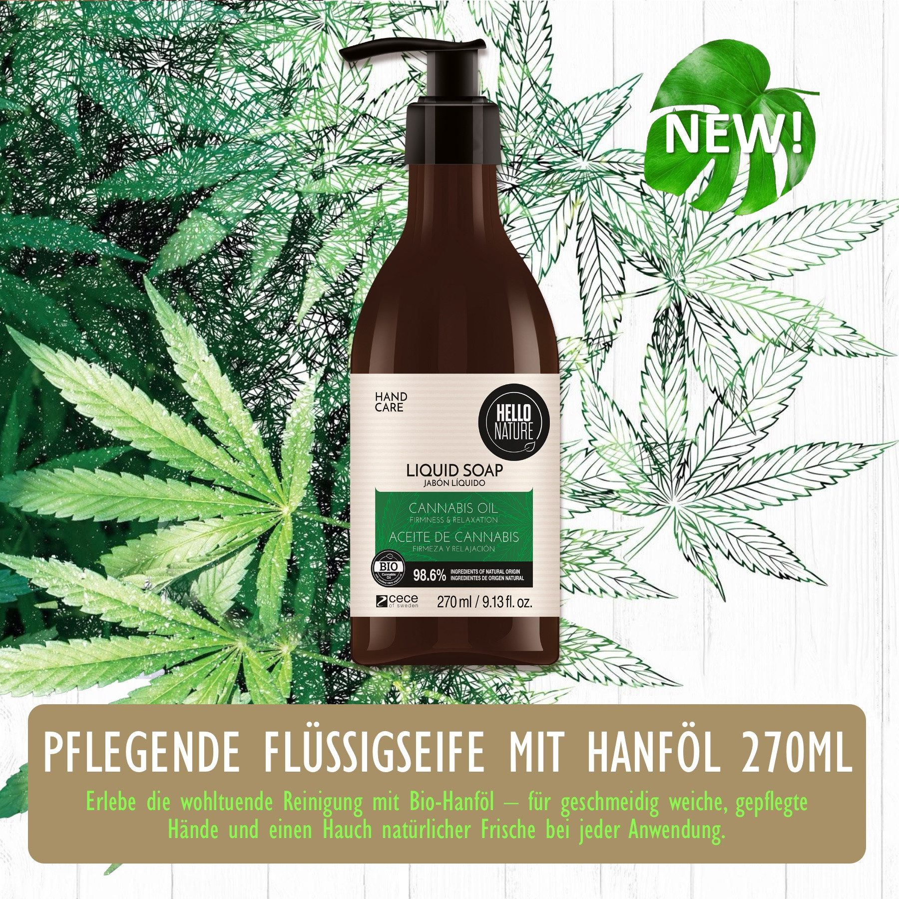 P-Beauty Cosmetic Accessories Handseife Flüssigseife Naturseife Schaumseife Duschgel mit Hanföl Hello Nature, 3-tlg., Handseife, Handpflege, Canabis, Hello Nature