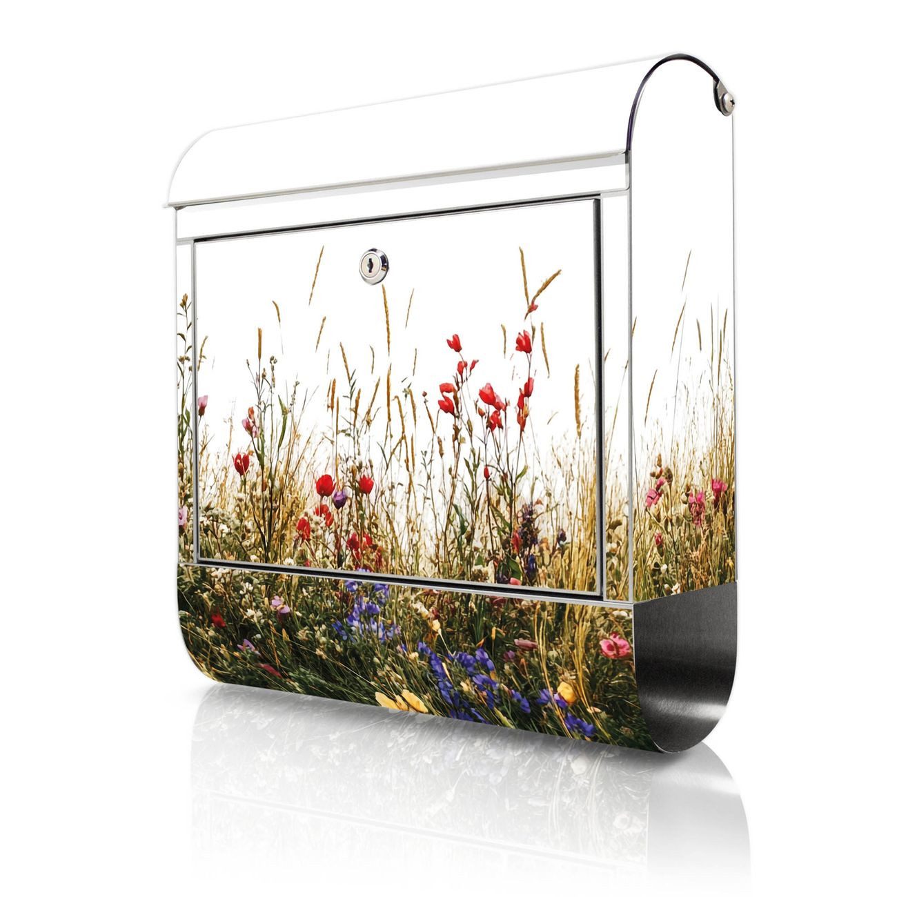 banjado Wandbriefkasten Edelstahl mit Motiv Sommerliche Blumenwiese (Wandbriefkasten groß, mit Zeitungsfach), 38 x 42,5 x12 cm
