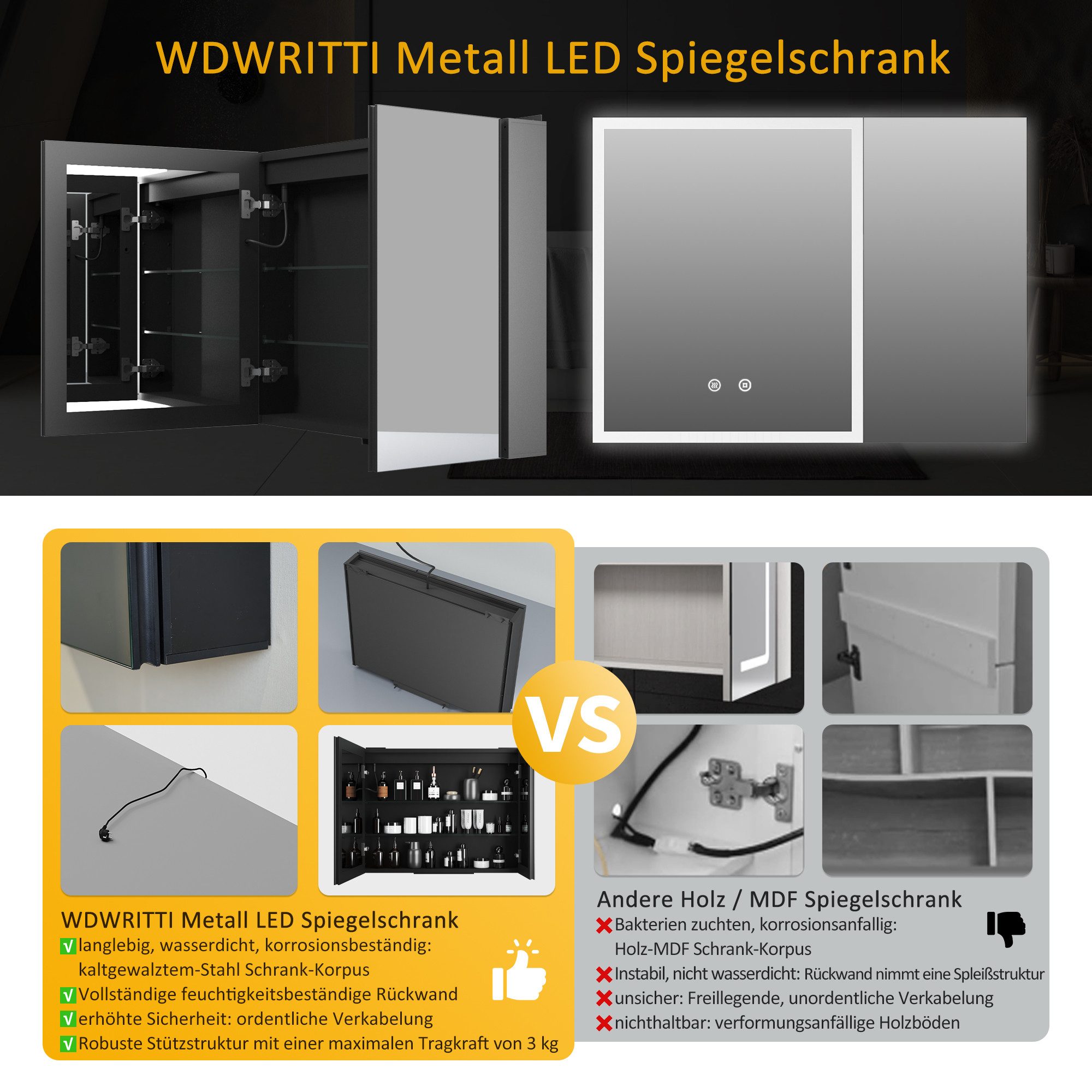 WDWRITTI Spiegelschrank Alu Badezimmer Schrank LED Spiegelschrank 3Lichtmodi dimmbar (Badezimmerspiegelschrank Schwarz matt 2-türig, 80x12,5x60cm) Doppelspiegel, vormontiert geliefert