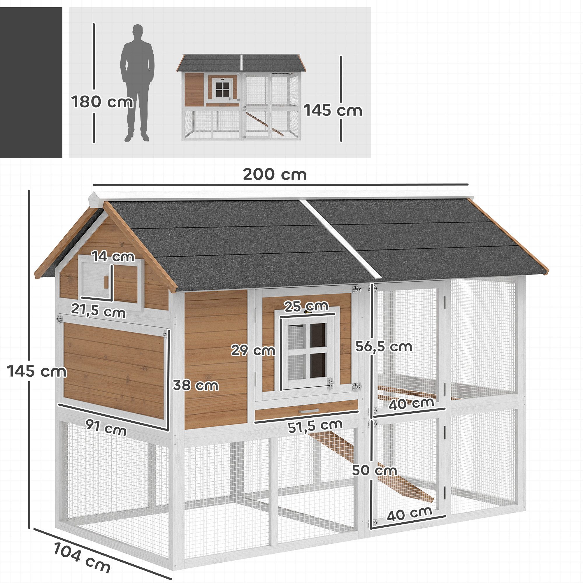 PawHut Hühnerstall Hühnerhaus mit Auslauf Nistkasten herausziehbarem Tablett Asphaltdach, aus Holz für 4 Hühner 200 x 104 x 145 cm Braun