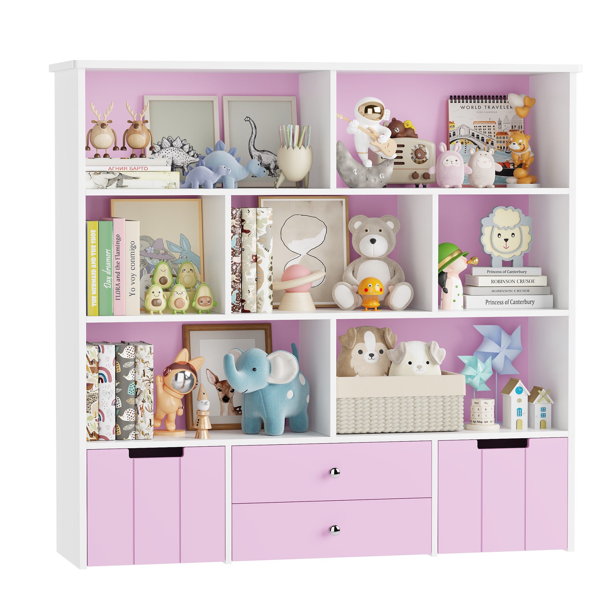 Homfa Kinderregal mit 2 Spielzeugkisten auf Rollen und 2 Schublade, Spielzeugregal mit 7 offenen Fächern Spielzeugtruhe 125x120x33cm weiß