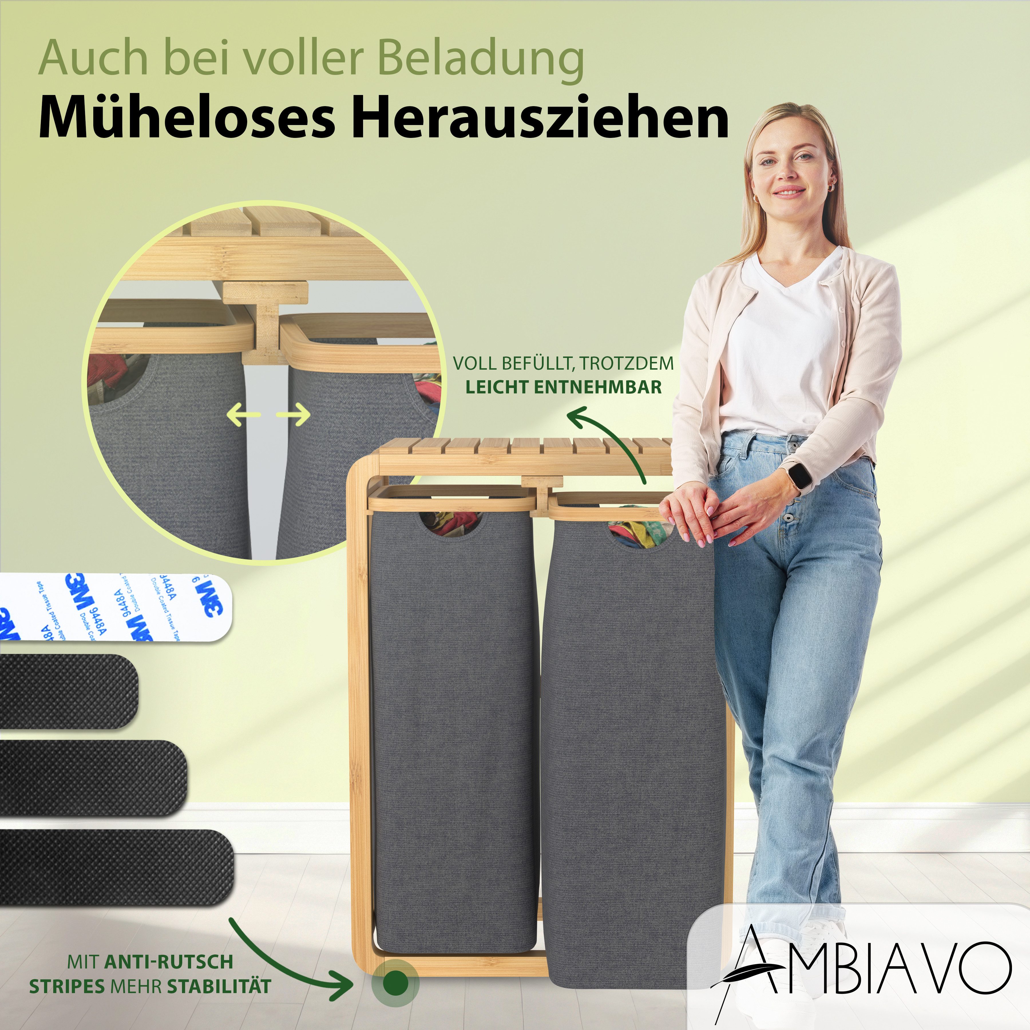 AMBIAVO Wäschekorb 2 Fächer mit waschbaren Baumwollsäcken, 100 L Volumen, stabiler 3x3 cm Bambusrahmen, innovatives Design – Bild 4 von 5
