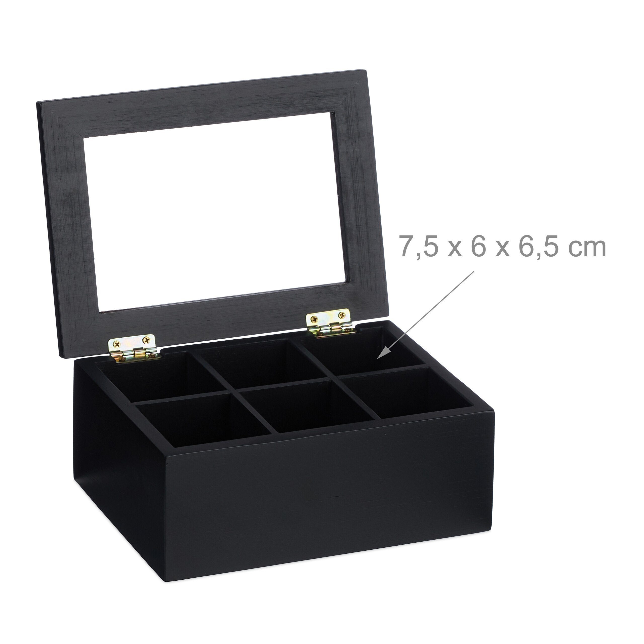 relaxdays Teebox Schwarze Teebox mit 6 Fächern, Bambus