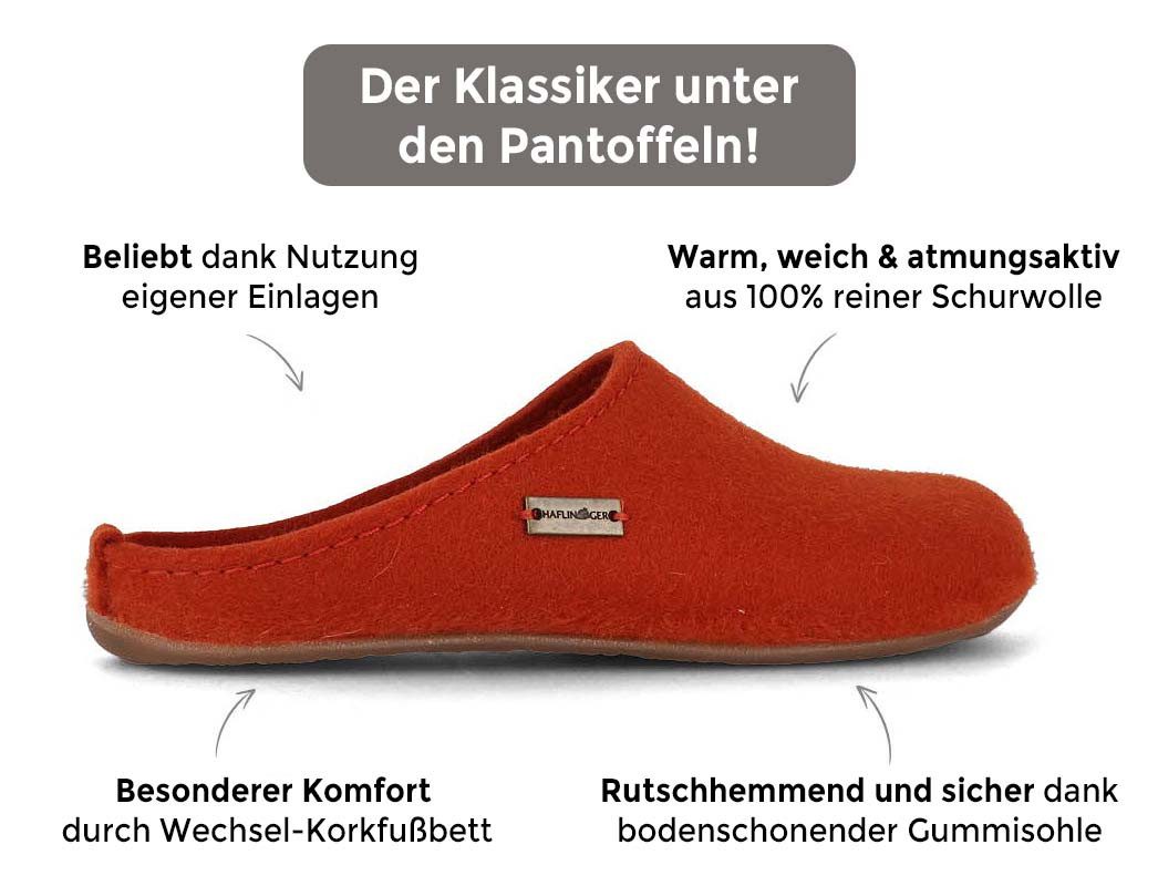 Haflinger Everest Fundus Damen Filzpantoffeln, fuchs, wechselfußbett, damen, war Hausschuh temperaturregulierend, Wechselfußbett, Gummisohle