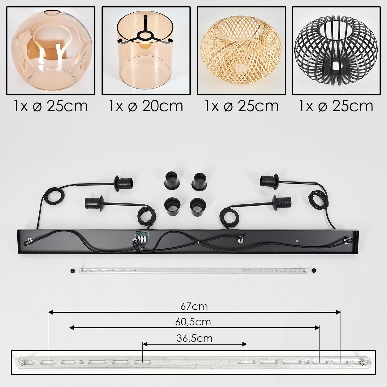 hofstein Hängeleuchte Hängelampe aus Metall/Glas in Schwarz/Chromfarben, ohne Leuchtmittel, Leuchte mit Glasschirmen(30cm),max. 154cm, 4 x E27, ohne Leuchtmittel
