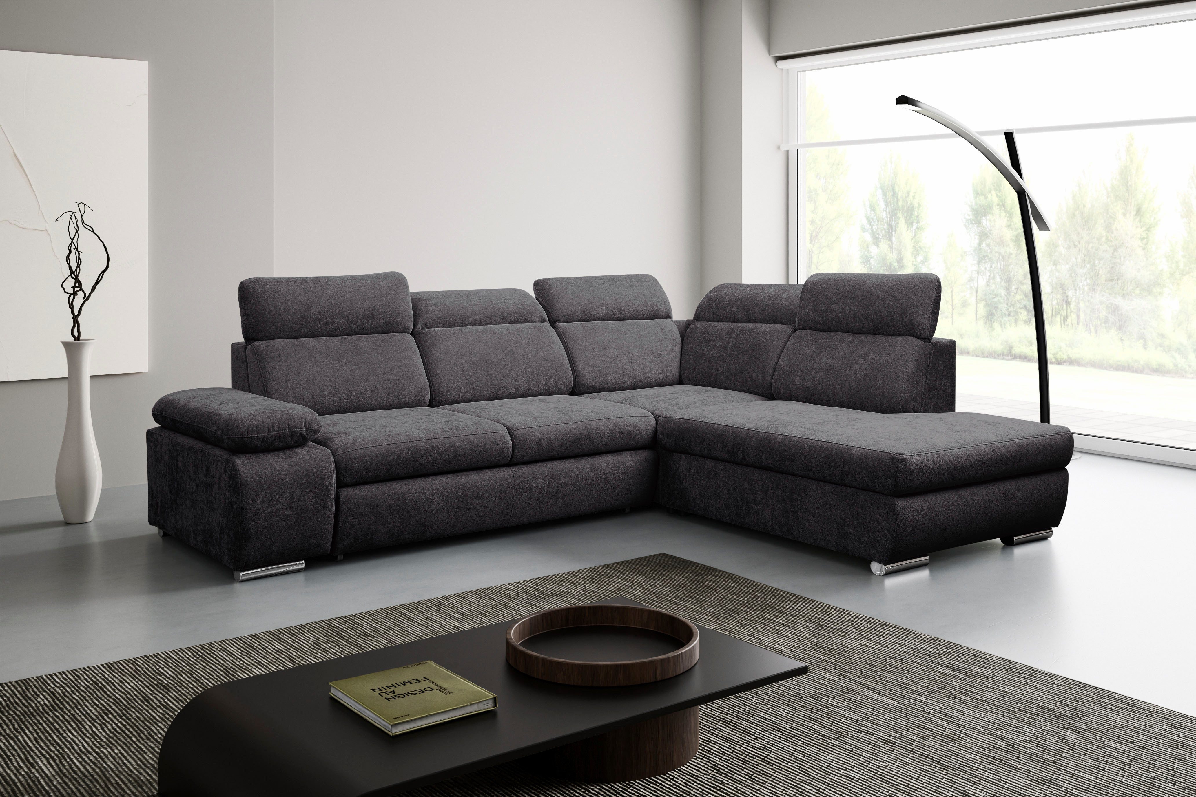 WERK2 Ecksofa Alicante 280 x 230 cm L-Form, Bett und Bettkasten, Kopfteilverstellung, Chenille, L-Form, XXL, Schlaffunktion, Bettkasten