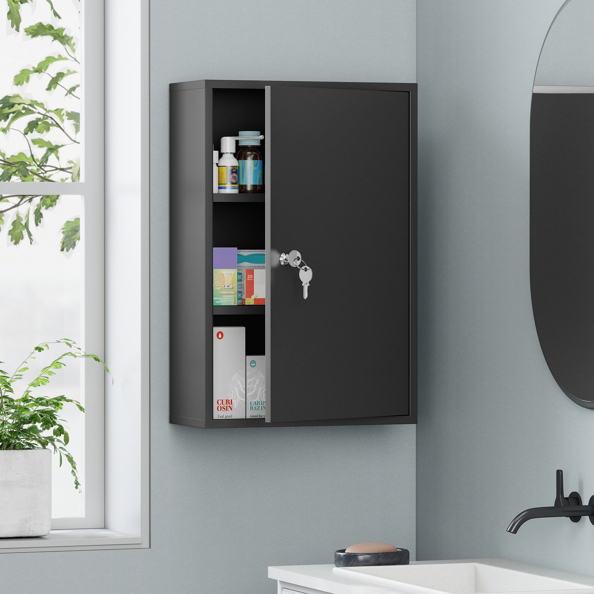 Kleankin Medizinschrank Medikamenten-Aufbewahrung, Metall Erste-Hilfe-Schrank, Schwarz (Arzneischrank, 1-St., Medikamentenschrank) Abschließbar, 3 Fächer, Wandmontage