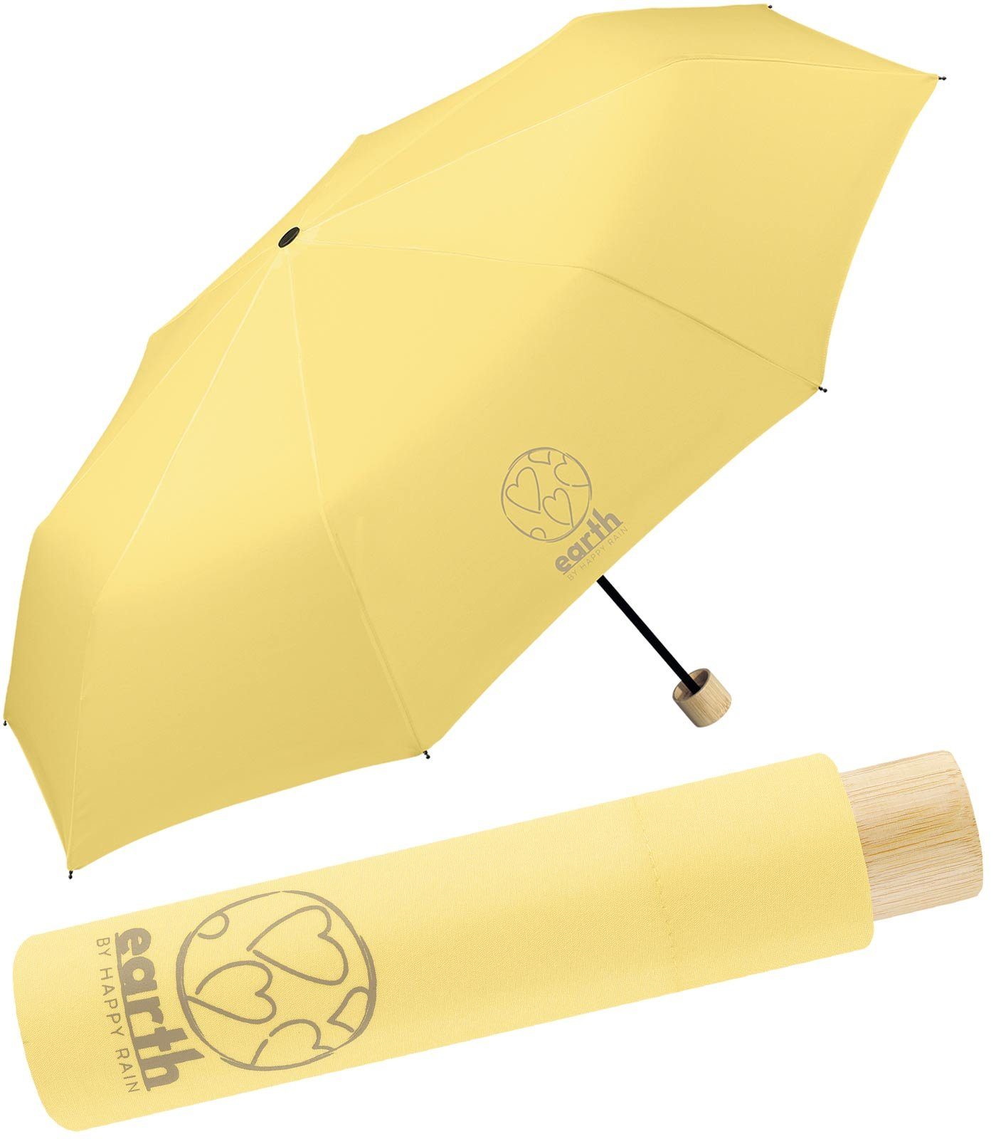 HAPPY RAIN Taschenregenschirm Earth - gut Super-Mini-Schirm, stabiler nachhaltiger die tun Umwelt geschützt gelb für etwas