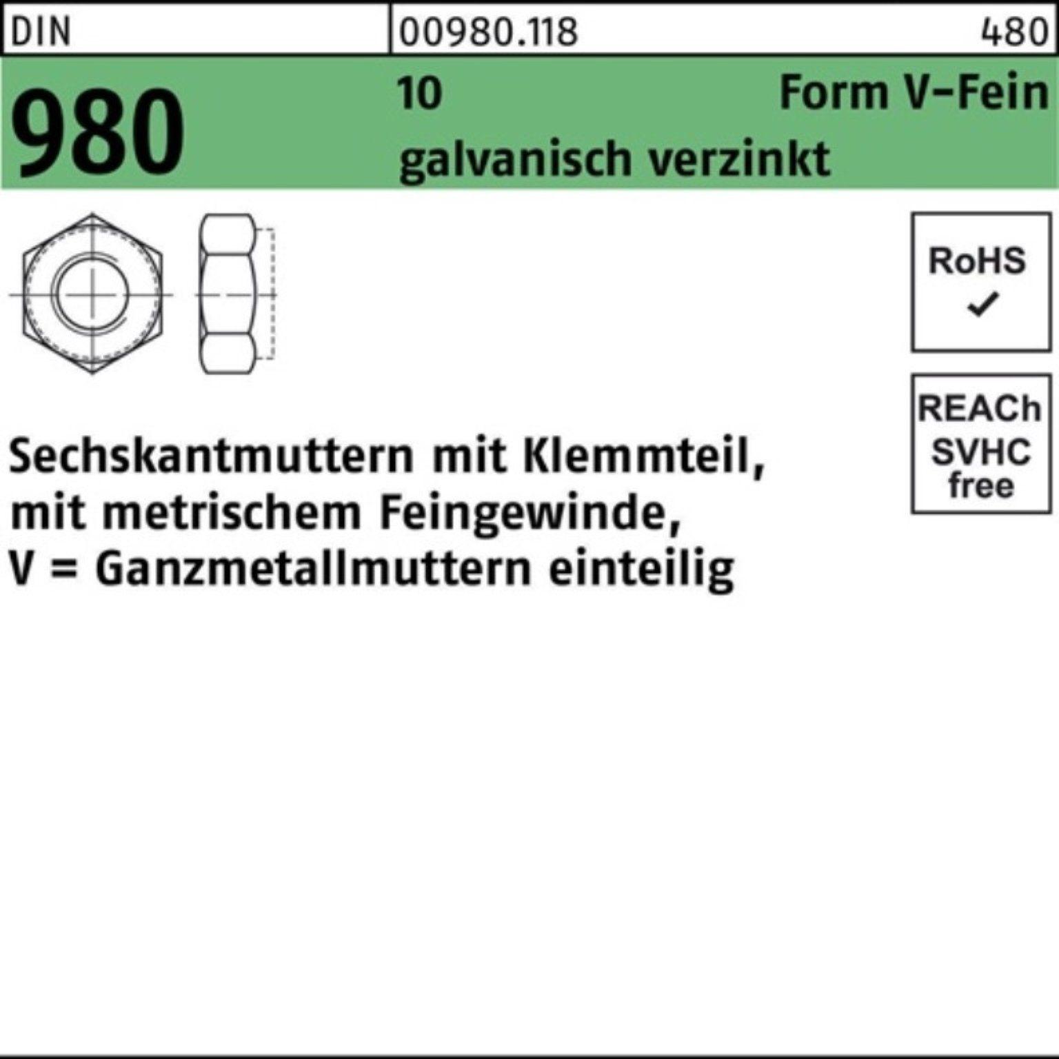 Reyher Muttern 100er Klemmteil 1,25 galv.verz. Sechskantmutter 980 Pack VM DIN 10x 10