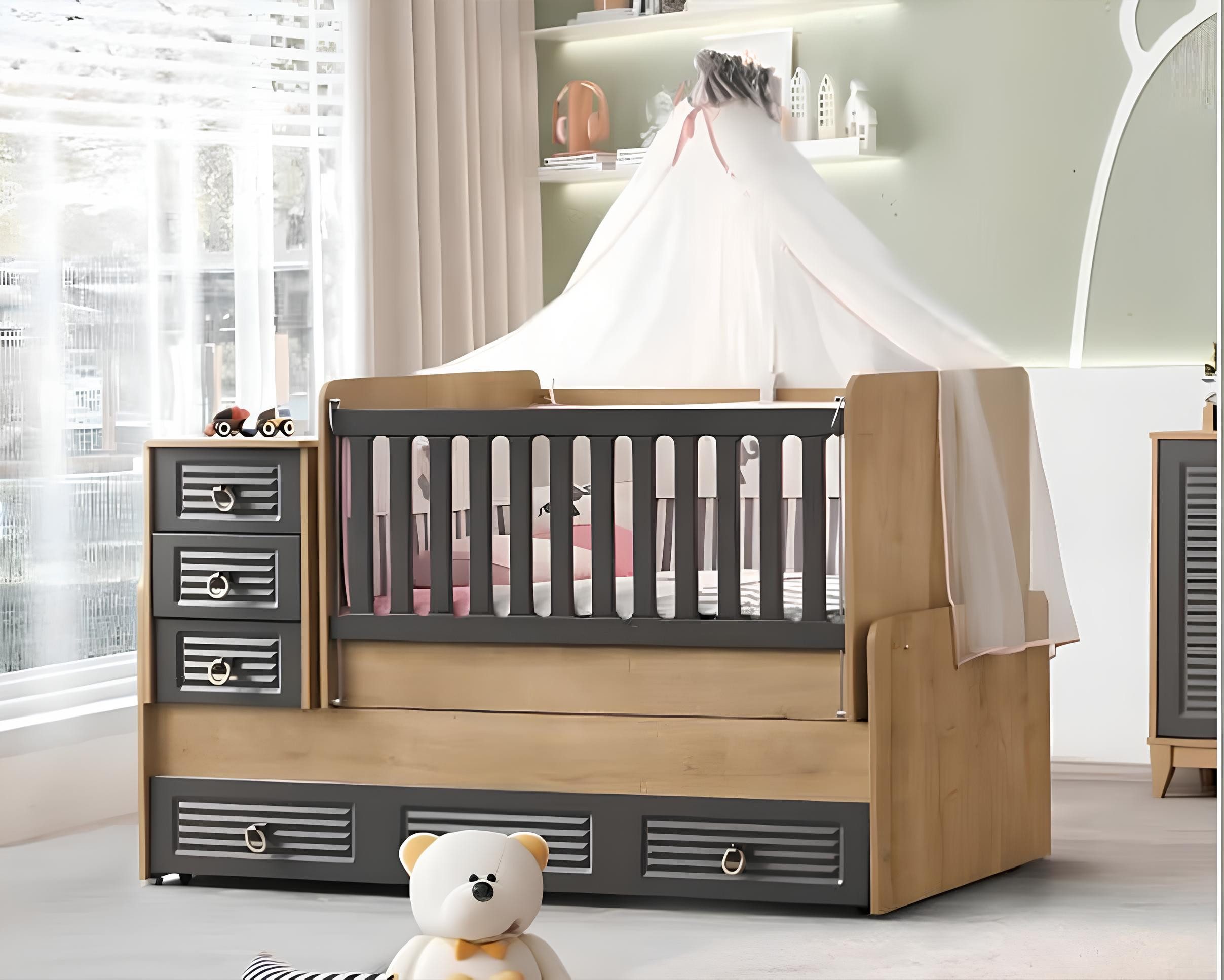 JVmoebel Babybett Exklusives Holz-Kinderbett in Grau mit praktischer Schublade, 1-tlg.
