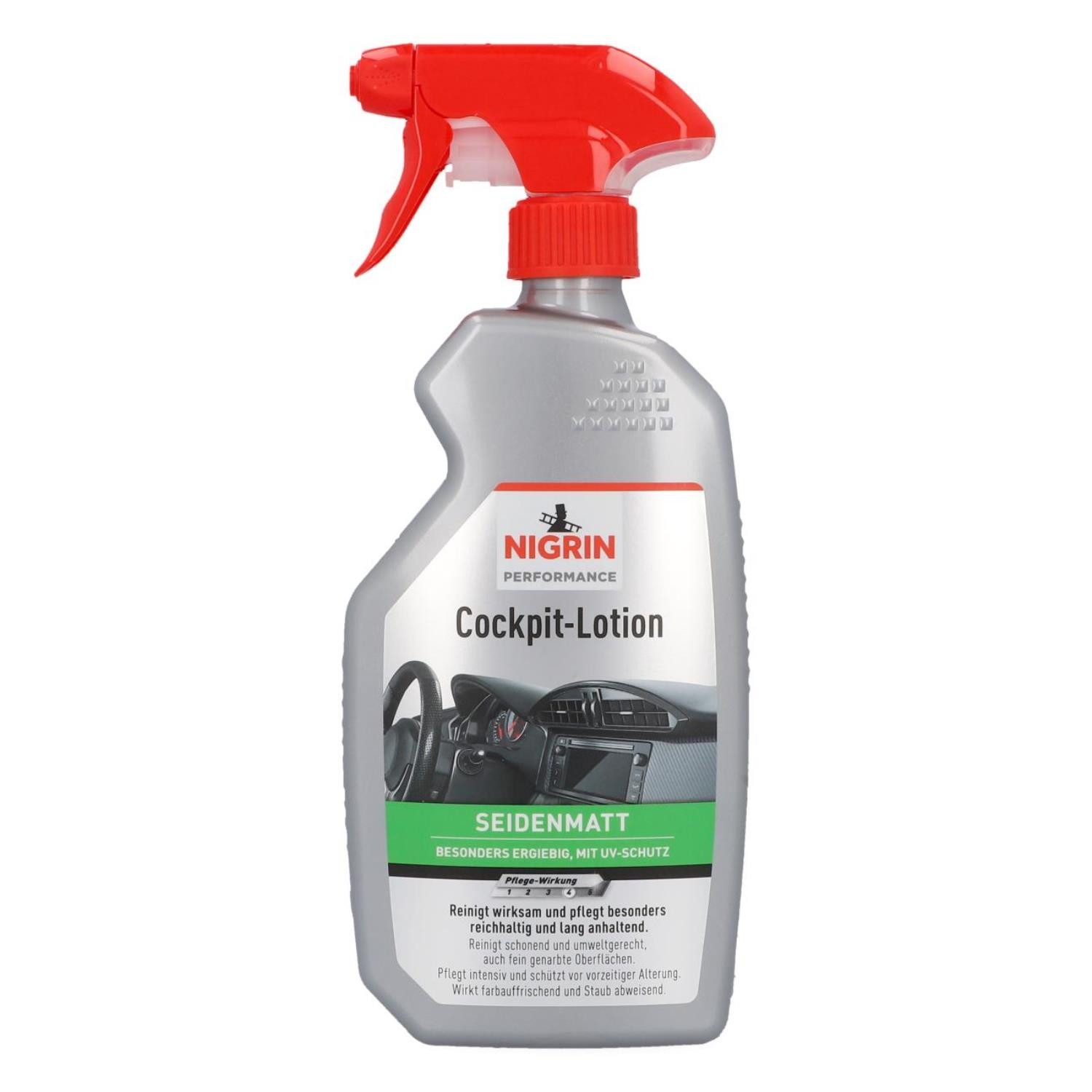 NIGRIN Performance Cockpit-Lotion Seidenmatt 500ml Kunststoffpflegemittel (1x 500ml Sprühflasche), Kunststoff-Pflege Cockpit-Reiniger Reinigung Werterhalt UV-Beständig