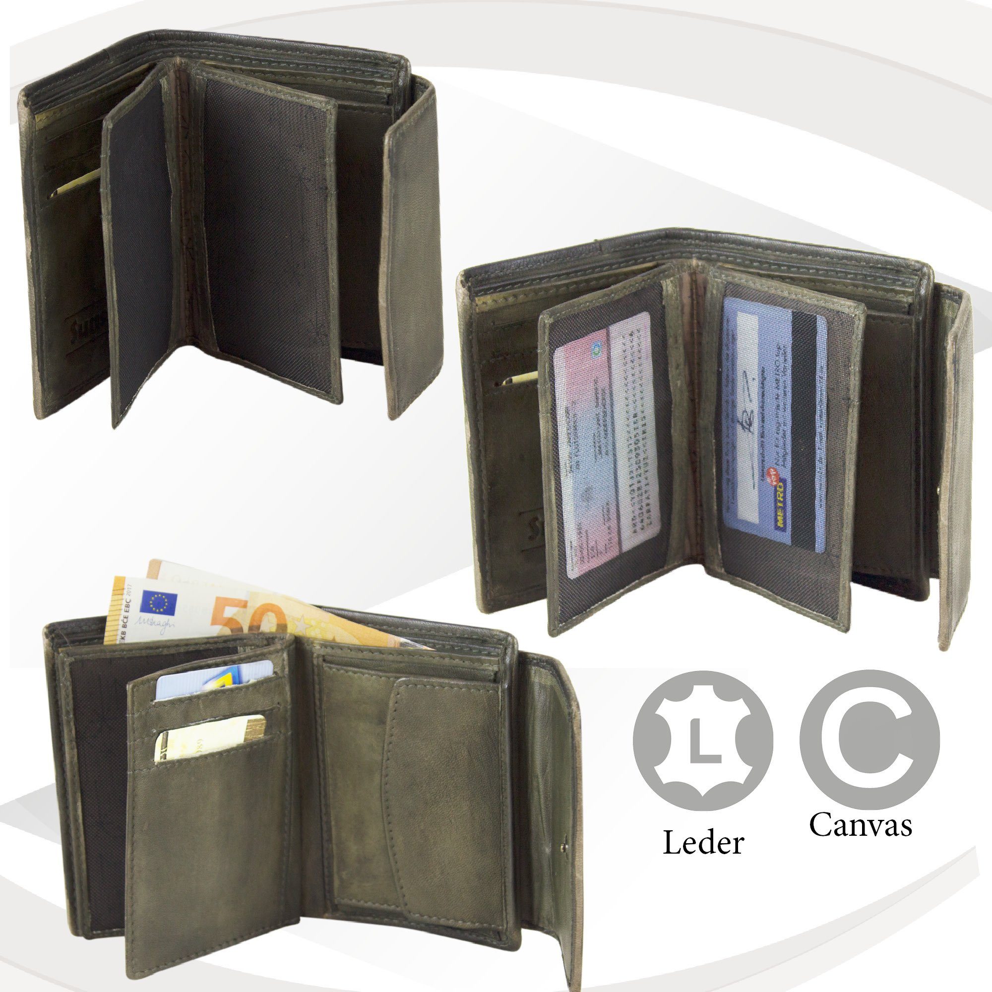Sunsa Geldbörse 81121 Unisex Schutz, Leder, olive Unisex, zeitlos, RFID mit echt Canvas, Vintage Style Geldbeutel Brieftasche Portemonnaie, Vintage Leder
