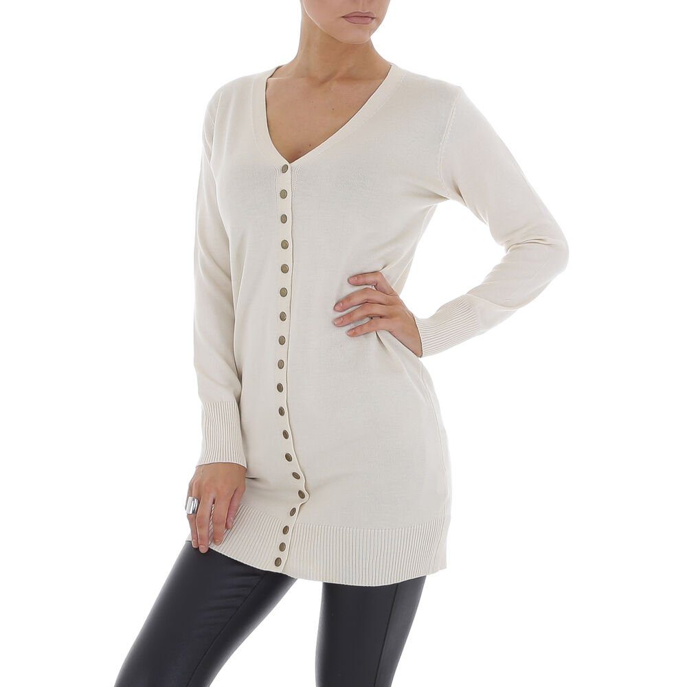 Beige in Strickjacke Stretch Ital-Design Longpullover Freizeit Damen