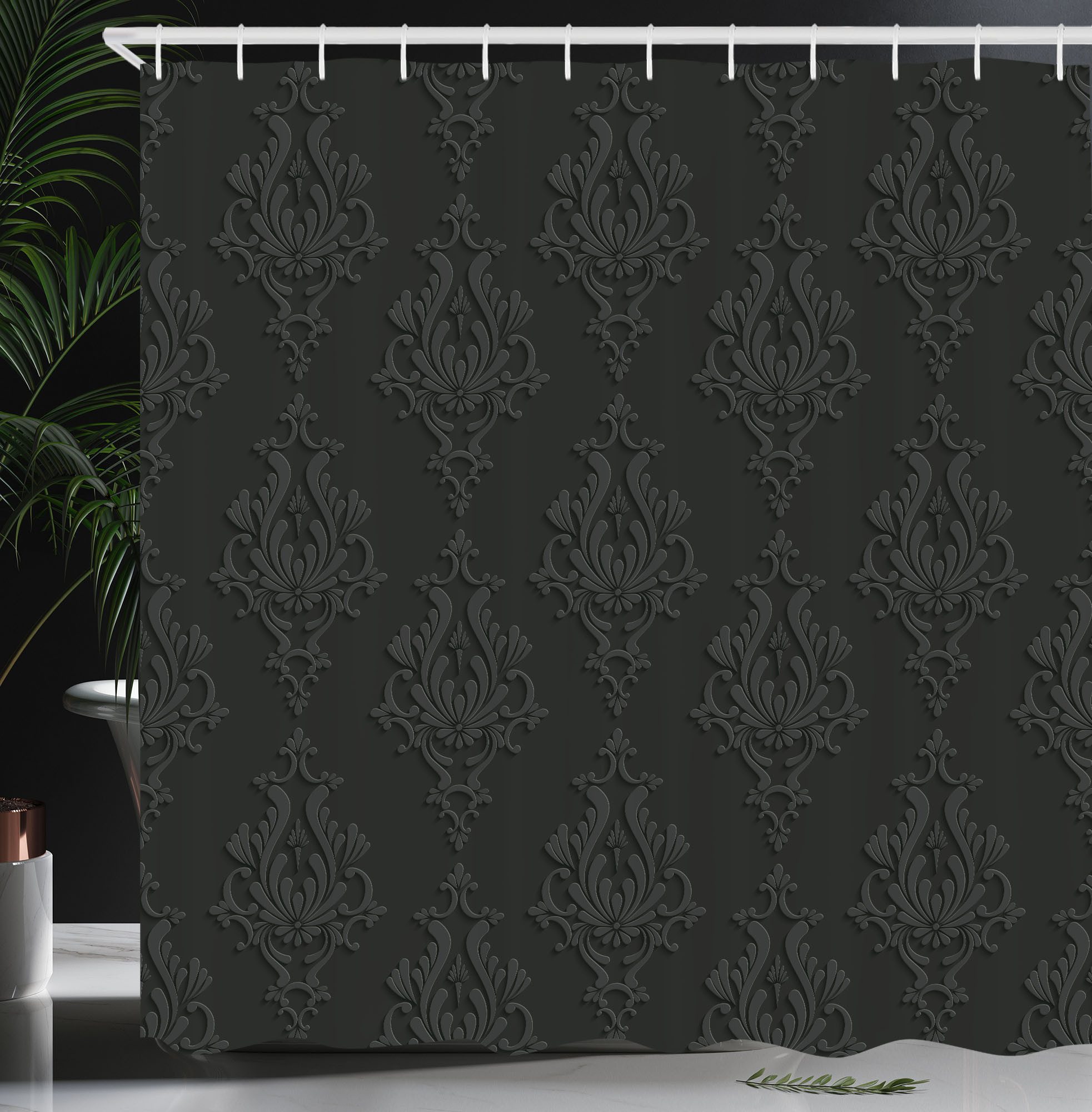 Abakuhaus Duschvorhang Moderner Digitaldruck mit 12 Haken auf Stoff Wasser Resistent Breite 175 cm, Höhe 180 cm, Dunkelgrau Antiker Damast-3D