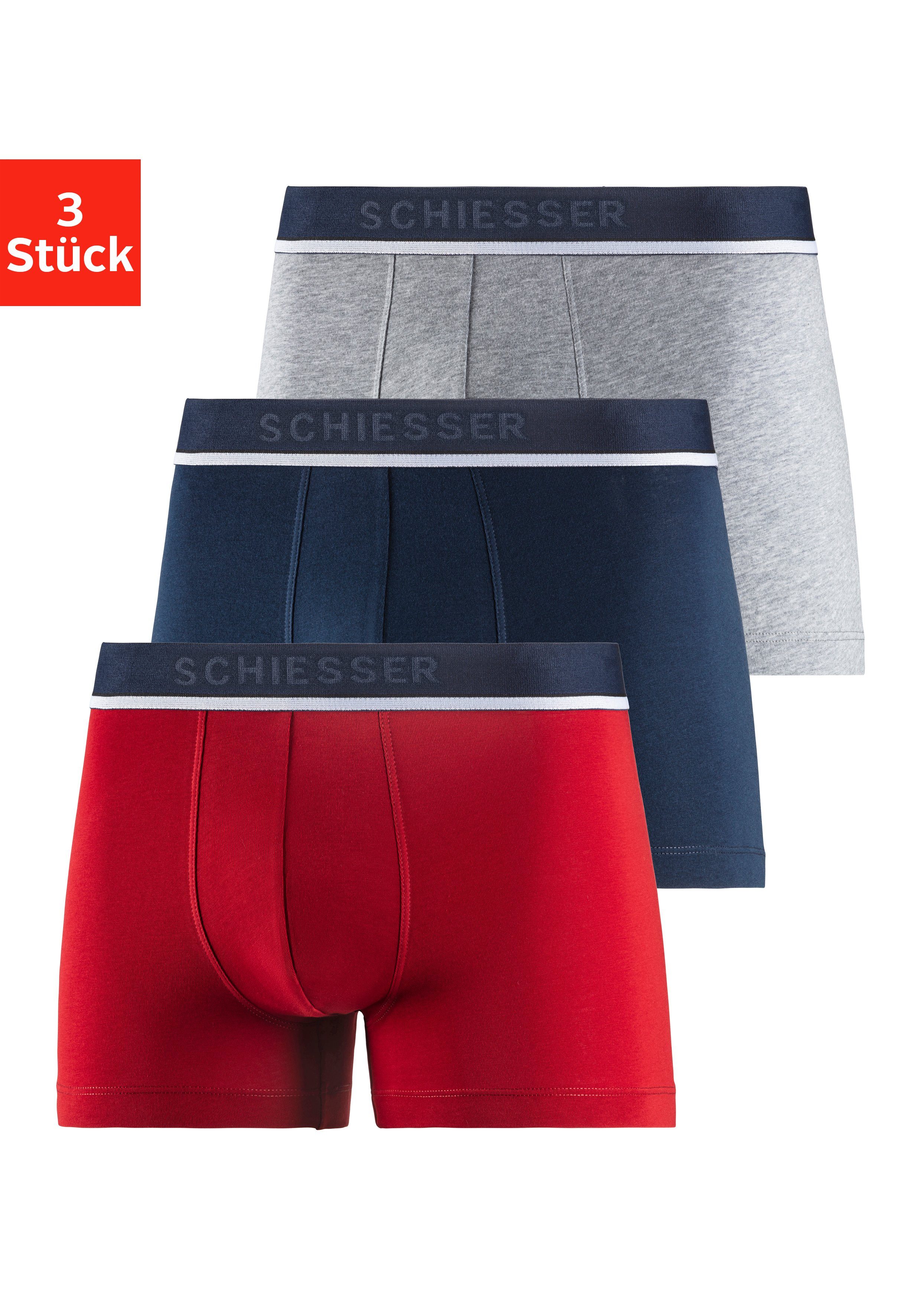 Schiesser Boxer (3er-Pack) mit schlichtem Logobund Rot / Blau / Grau