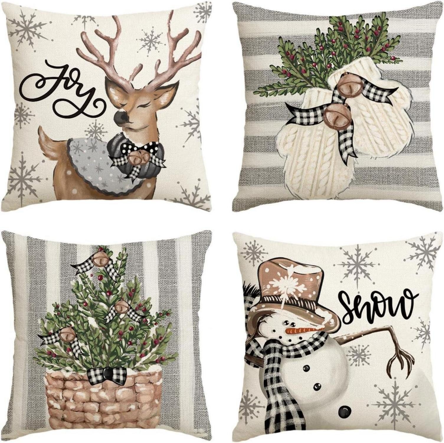 Dekohänger Weihnachten Kissenbezüge Rentier Schneemann Handschuhe 4er Set 40x40cm